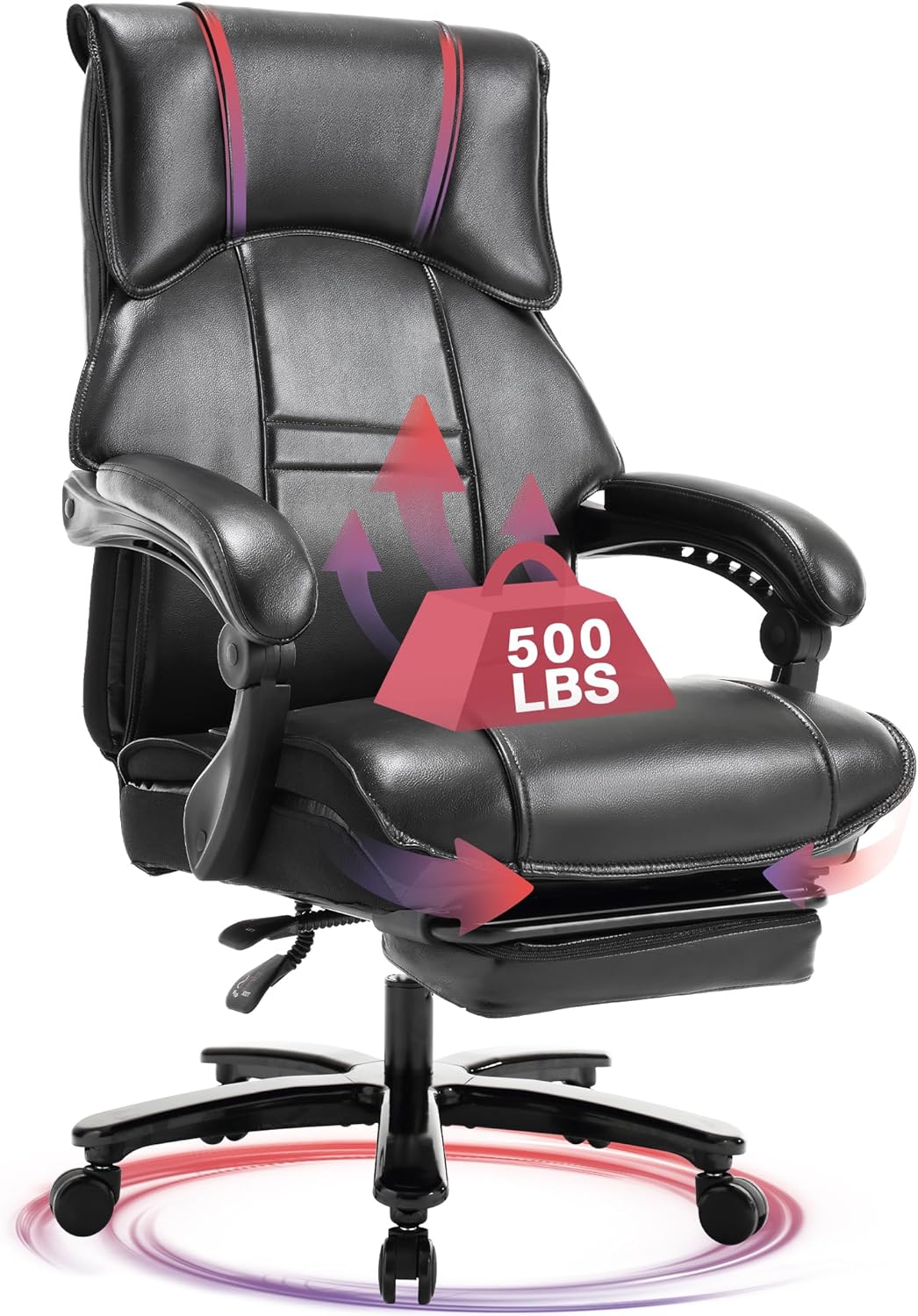 Bosmiller Silla de oficina grande y alta de 500 libras, asiento ancho para personas pesadas con ruedas silenciosas, base de metal resistente,
