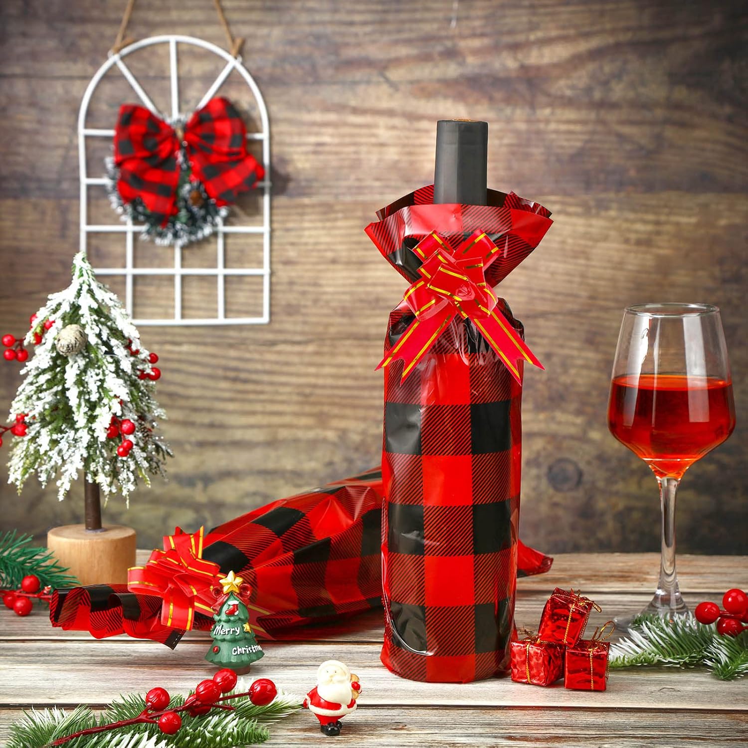 Teling 100 bolsas de regalo para botellas de vino de Navidad, bolsa de celofán, funda de bolsa de vino a cuadros de búfalo, incluye 50 bolsas de