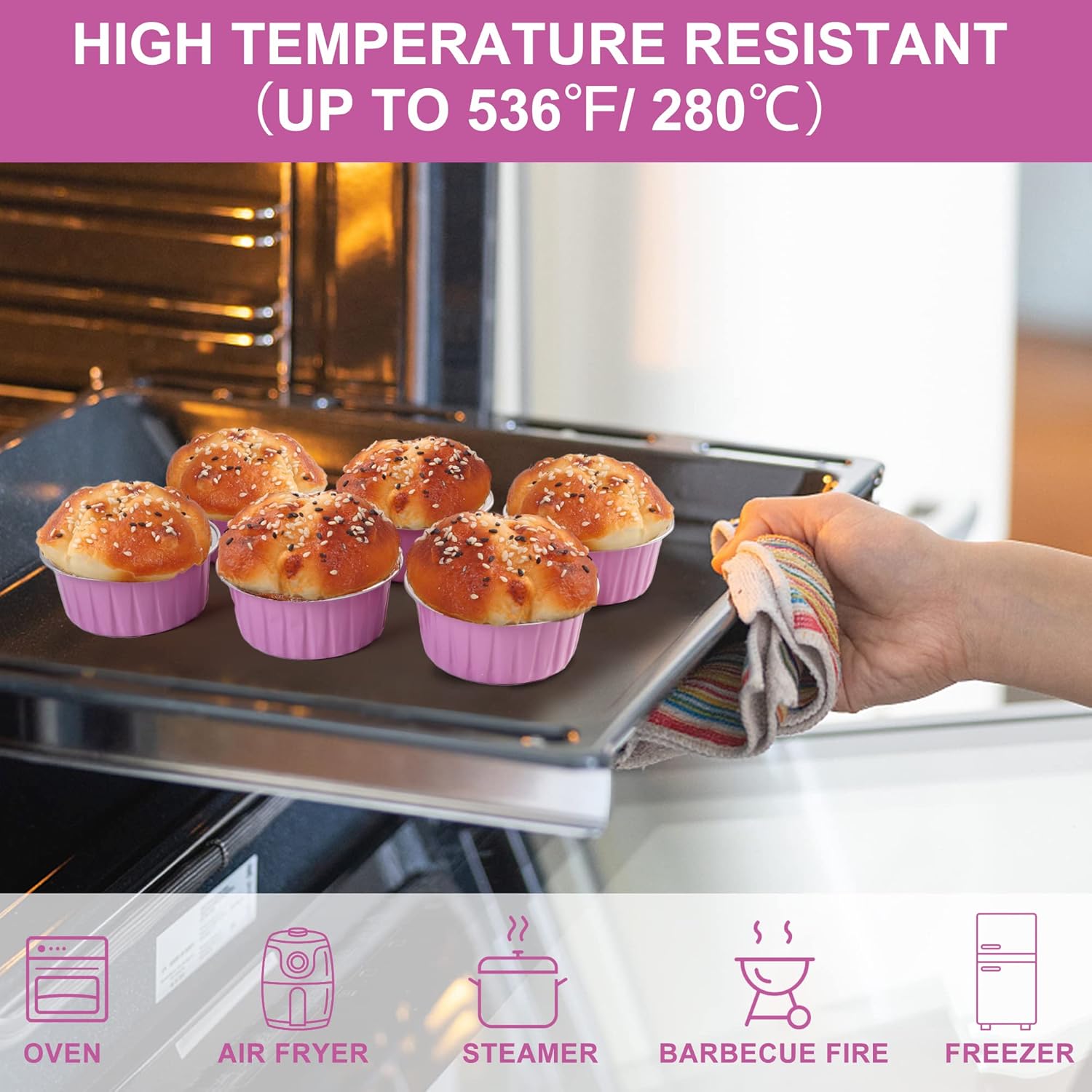 LotFancy Vasos de aluminio para hornear con tapas de cúpula y cucharas, 5 onzas líquidas, 50 moldes desechables de crema brulee, aptos para horno,