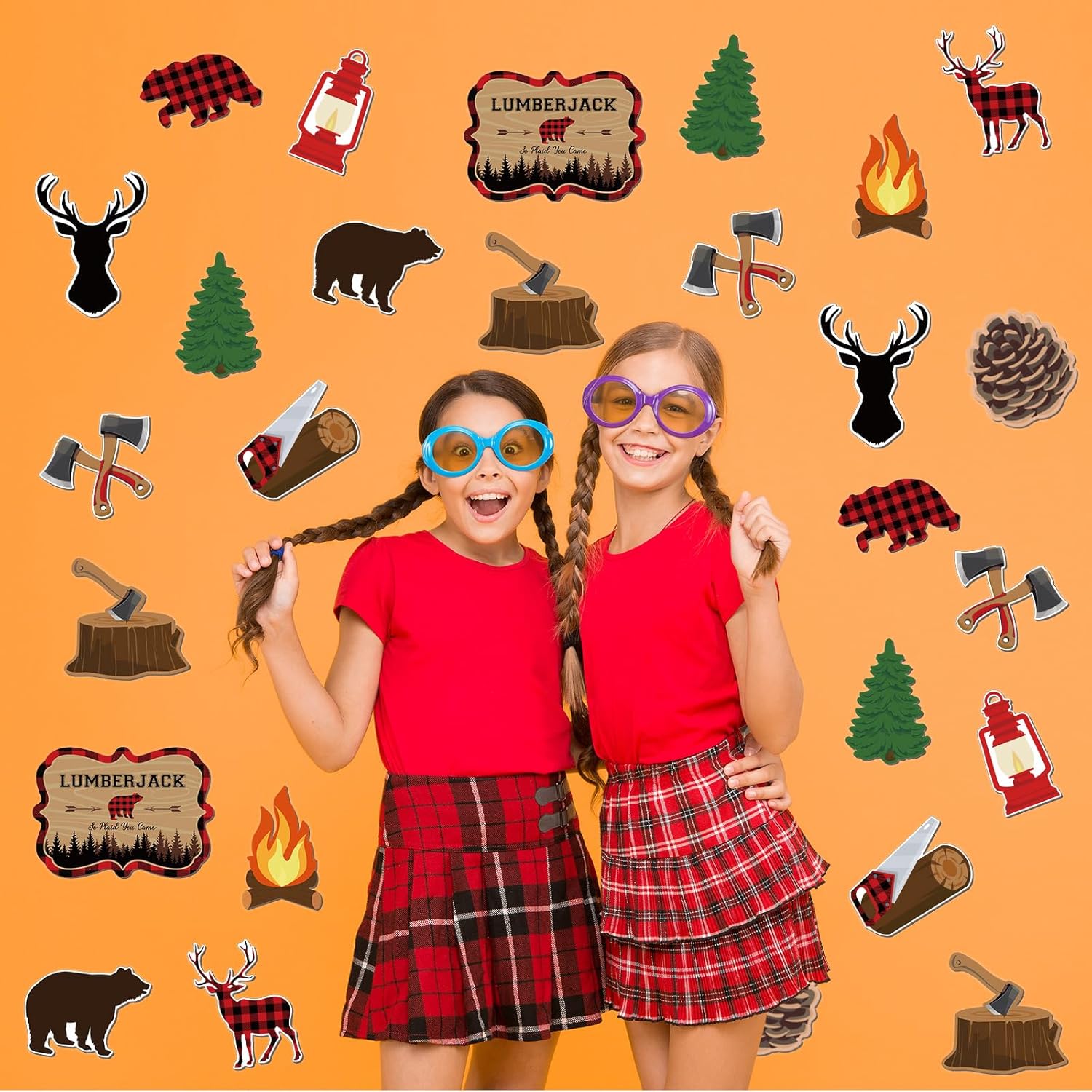 Seajan 60 piezas de tablero de anuncios de fiesta de leñador, decoración de búfalo a cuadros, osos, ciervos, árboles, pinos, hachas, recortes para