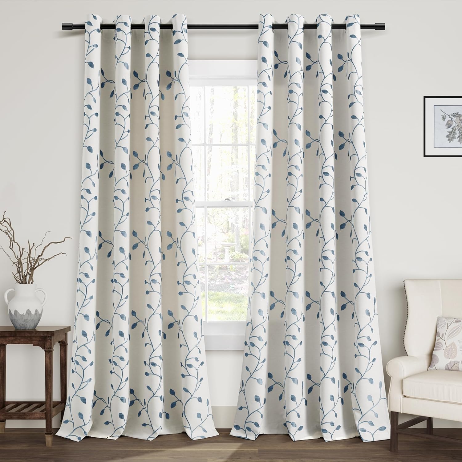 Cortinas bordadas de color blanco crema de 96 pulgadas de largo para sala de estar, 2 paneles con ojales, filtrado de luz, oscurecimiento de