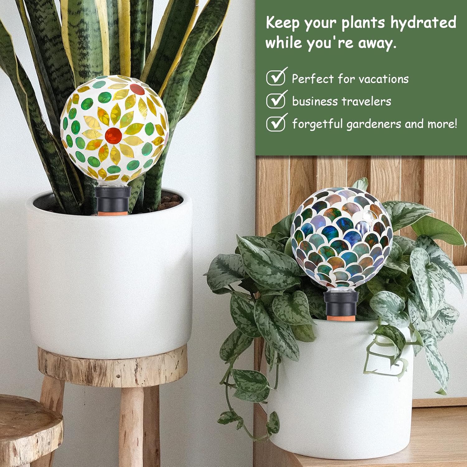 Globos de riego de plantas, picos de riego automático de mosaico, paquete de 2 para plantas de interior y exterior, dispositivos de riego automático