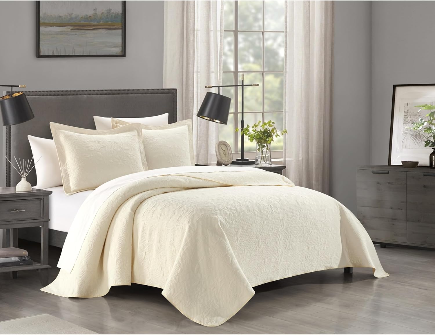 New York & Company Austin 3 Piece Cotton Blend Quilt Set Stone Washed Textured Floral Pattern Bedding – Pillow Shams Included, Queen, Grey
