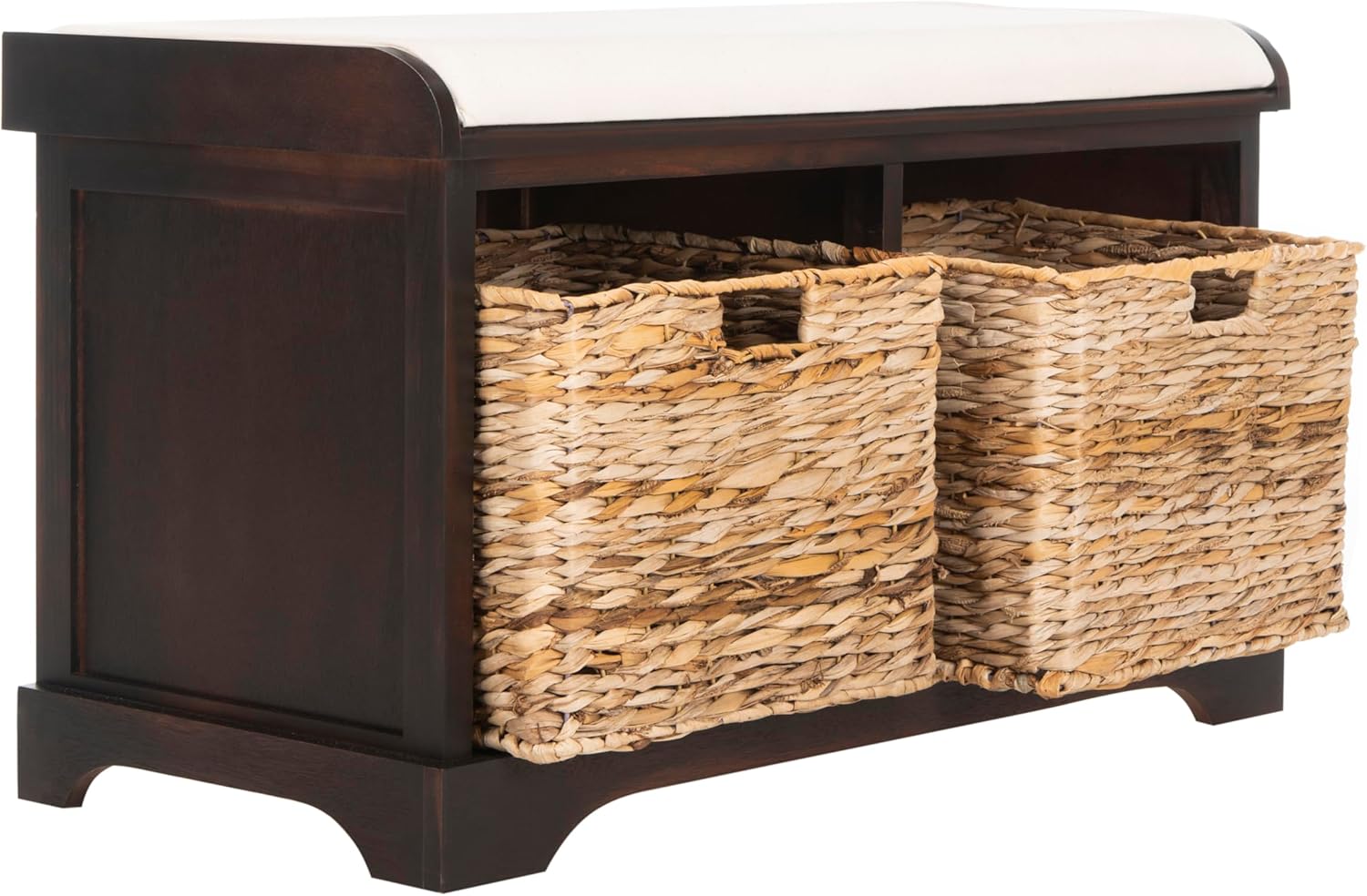 SAFAVIEH Home Collection Freddy – Banco de almacenamiento de mimbre con 2 cajones y cojín (totalmente montado)