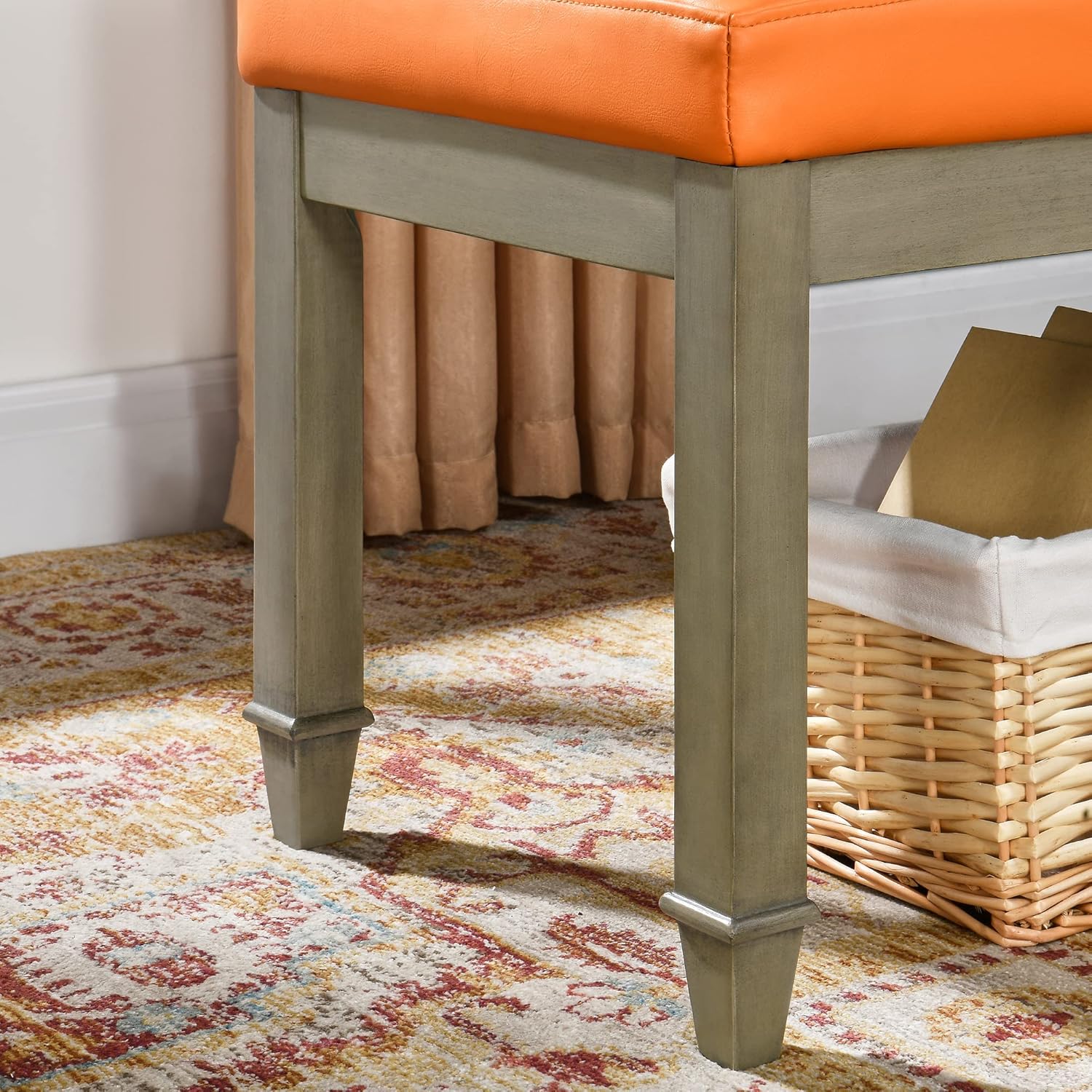 Banco vintage con asiento acolchado y patas de madera de álamo, banco de entrada tapizado de cuero copetudo de 45.3 pulgadas y banco de comedor,