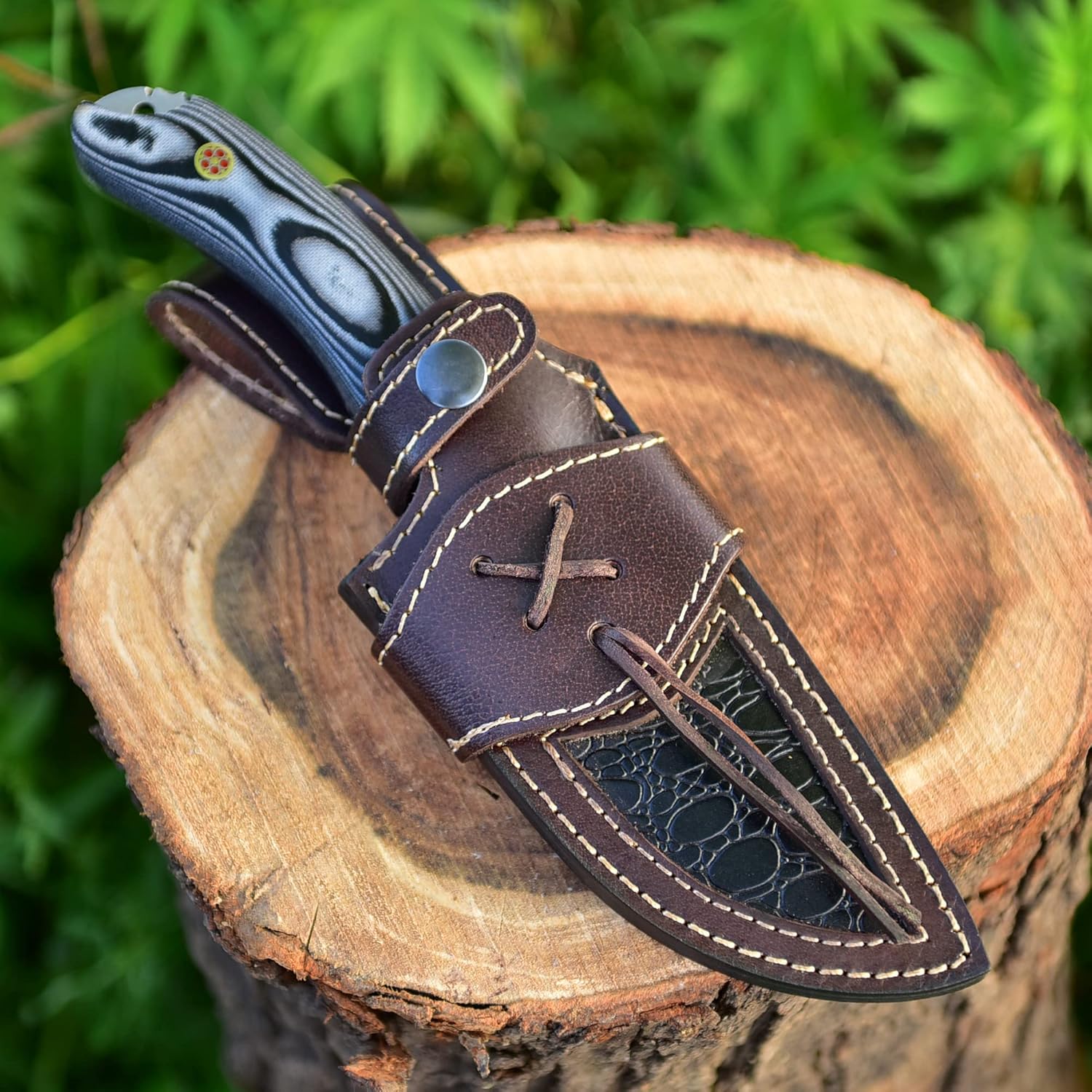 BG Knives Cuchillo de hoja fija de acero de Damasco hecho a mano de 9,5 “de longitud total para cazar, desollar con mango de micarta y funda de