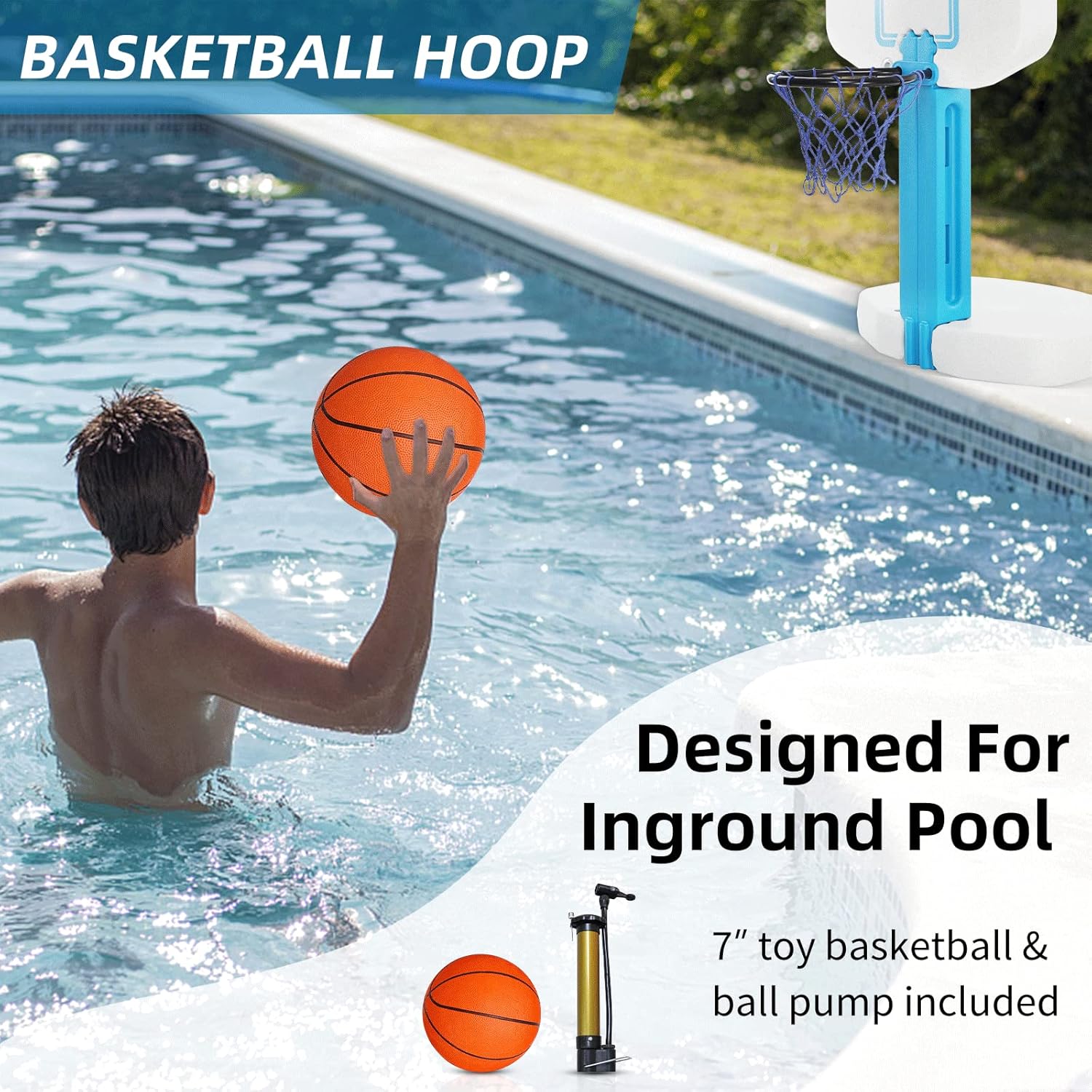 Blue Bay Juego de aro de baloncesto 2 en 1 junto a la piscina y voleibol para juegos de piscina enterrada, combo para piscina.
