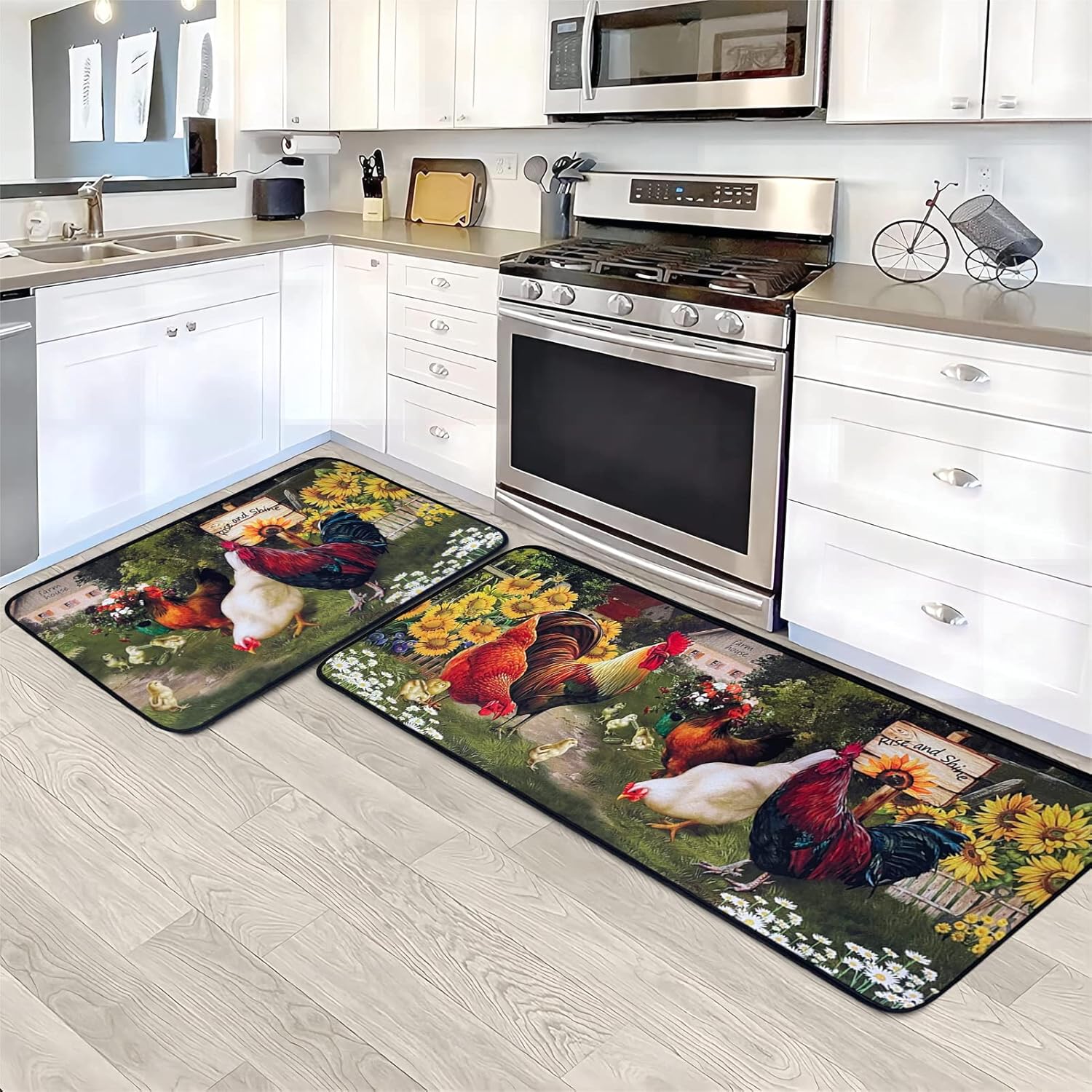 Alfombras de cocina de gallo, tapetes de microfibra antideslizantes y lavables para suelo de cocina, juego de 2 alfombras acolchadas de girasol para