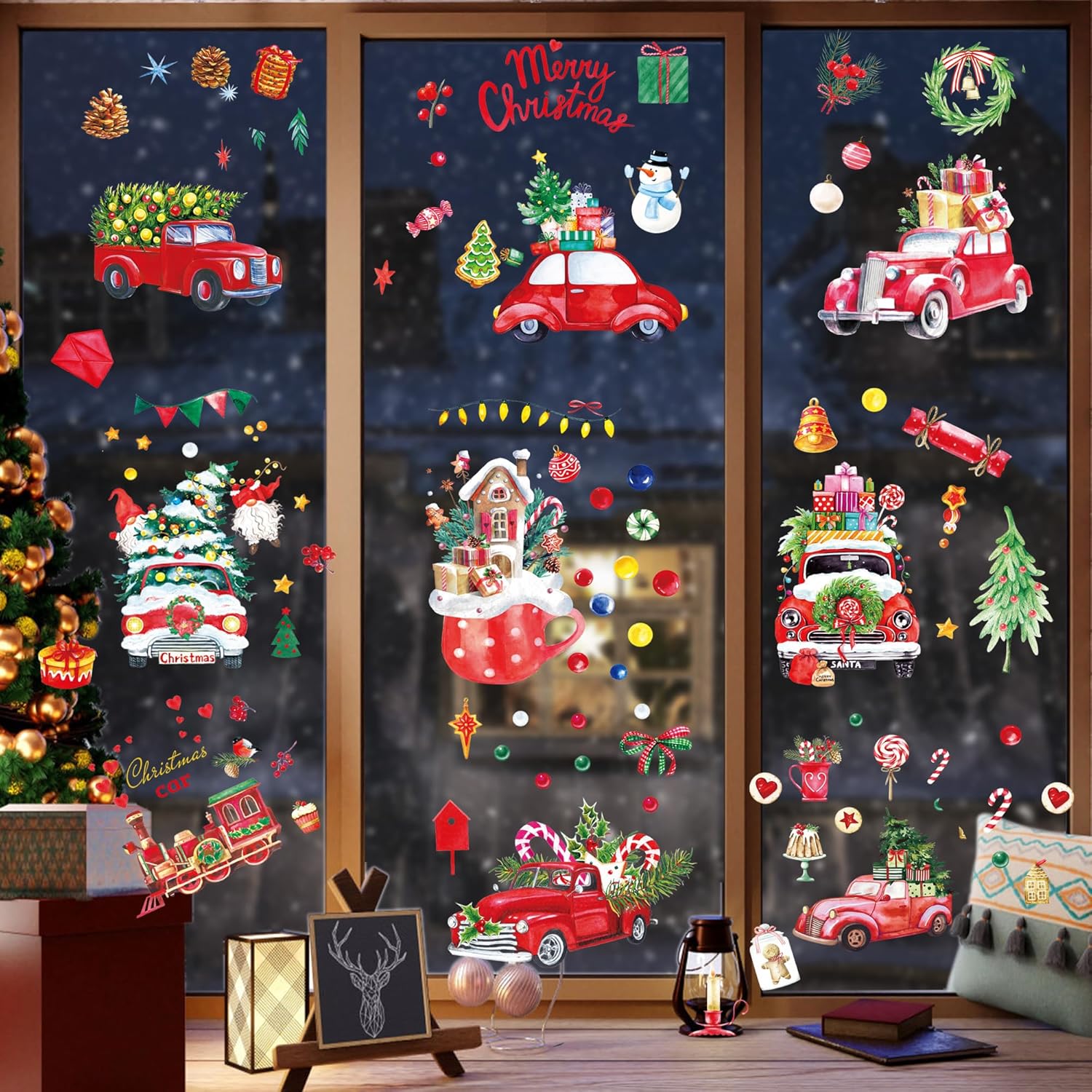 Adhesivos de Navidad para ventana, decoración de ventanas de Navidad, calcomanías de invierno para ventana, grandes, copo de nieve, coche, Papá