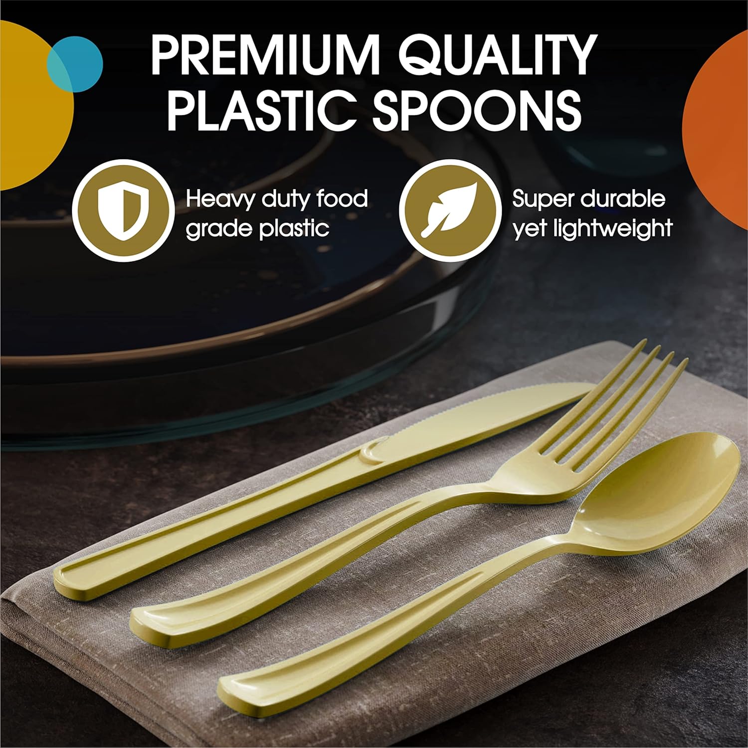 Cucharas desechables de plástico dorado, 100 piezas, cubiertos desechables de plástico dorado resistente, cubiertos desechables dorados, cubiertos