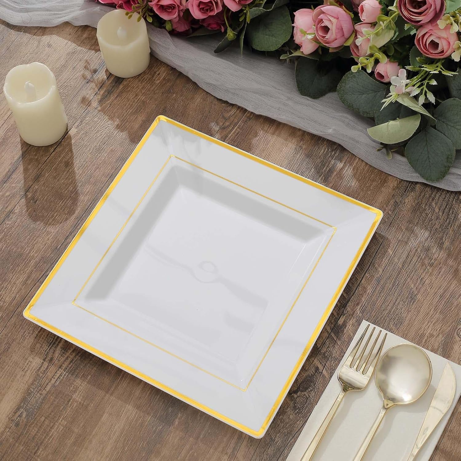 Efavormart – Paquete de 10 platos cuadrados desechables de plástico de 10 pulgadas con borde dorado brillante para bodas, cumpleaños, fiestas,