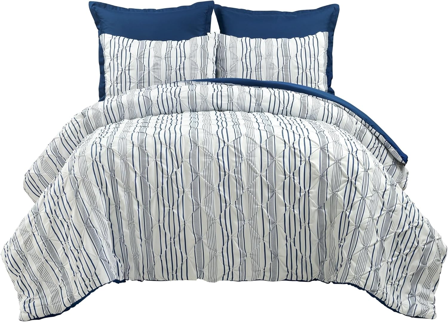 Lush Décor Ravello – Juego de edredón con pliegues finos, 5 piezas, con fundas de almohada, estilo casa de campo vintage chic, tamaño king, rayas