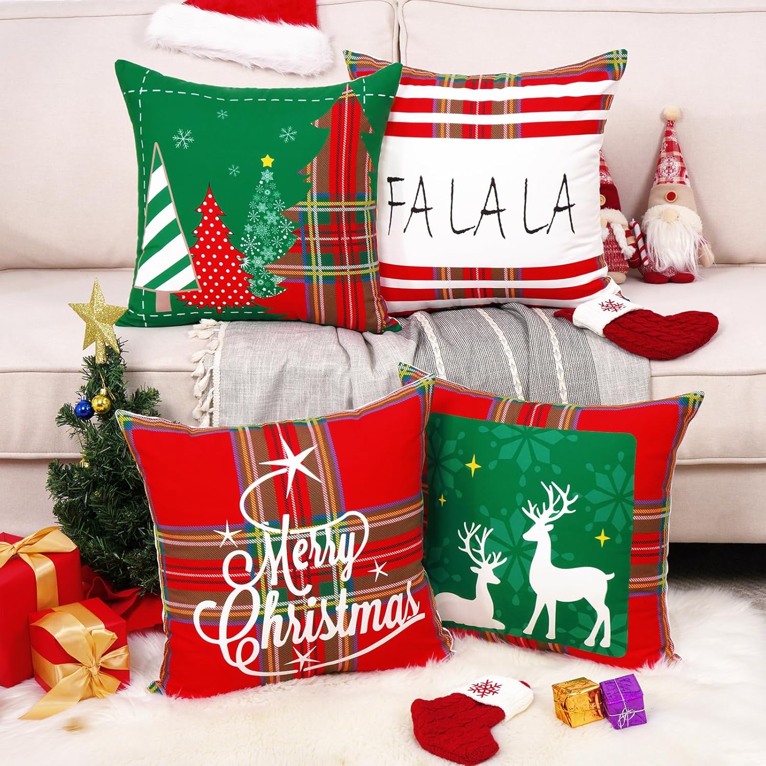 Juego de 4 fundas de almohada de Navidad de 18 x 18 pulgadas, diseño de búfalo, a cuadros, rojo y verde, decoraciones de Navidad, funda de cojín