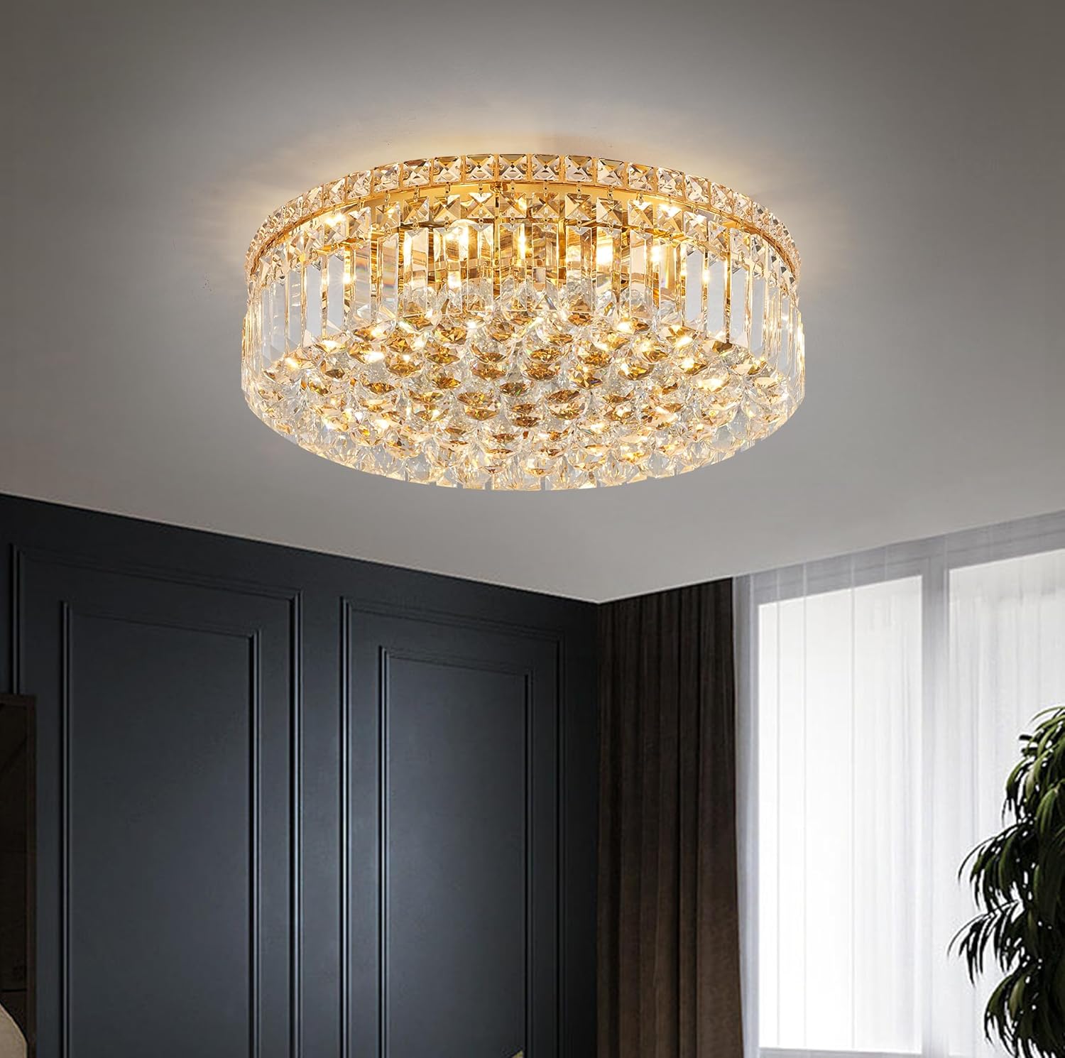 CEENLI Lámpara de araña de cristal dorado con 6 luces de montaje empotrado, lámpara de techo moderna de cristal K9, elegante lámpara colgante para