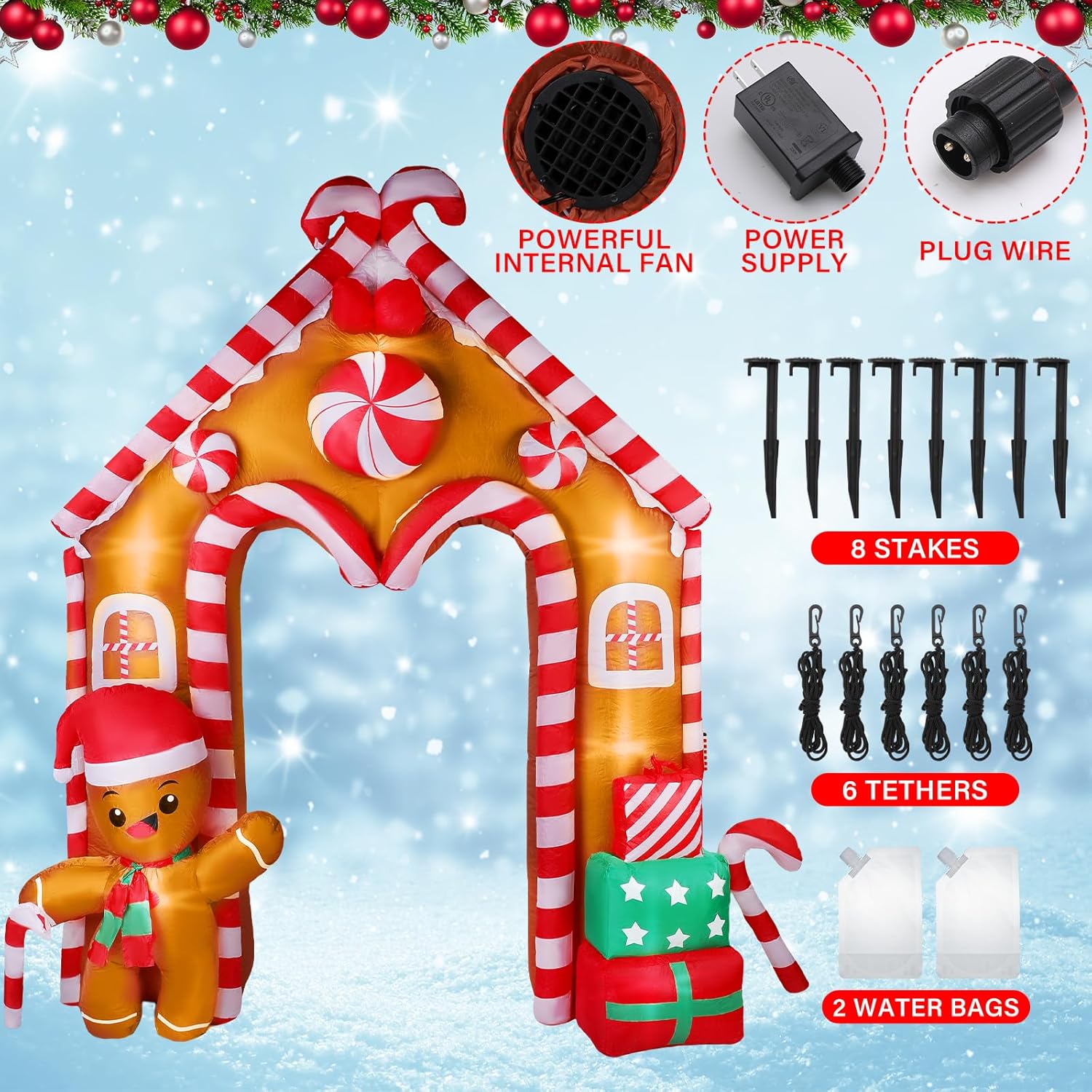 Casa de jengibre inflable de Navidad de 10 pies, arco, hombre de jengibre, decoración de galleta y bastón de caramelo con luces LED, juego para