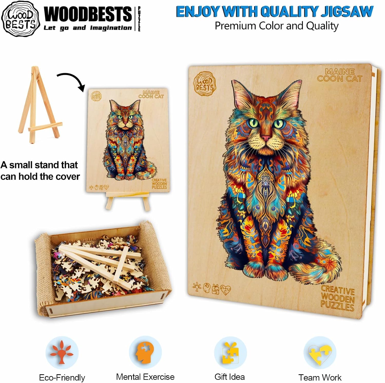 WOODBESTS Rompecabezas de madera para adultos, rompecabezas de gato de Maine (S, 80 piezas, 8.3 x 6.3 pulgadas), hermosa caja de madera,