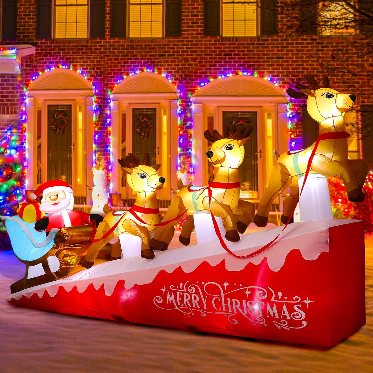 Inflables grandes de Navidad de 13.5 pies para patio al aire libre, Papá Noel inflable en trineo con 3 renos, decoración inflable iluminada para