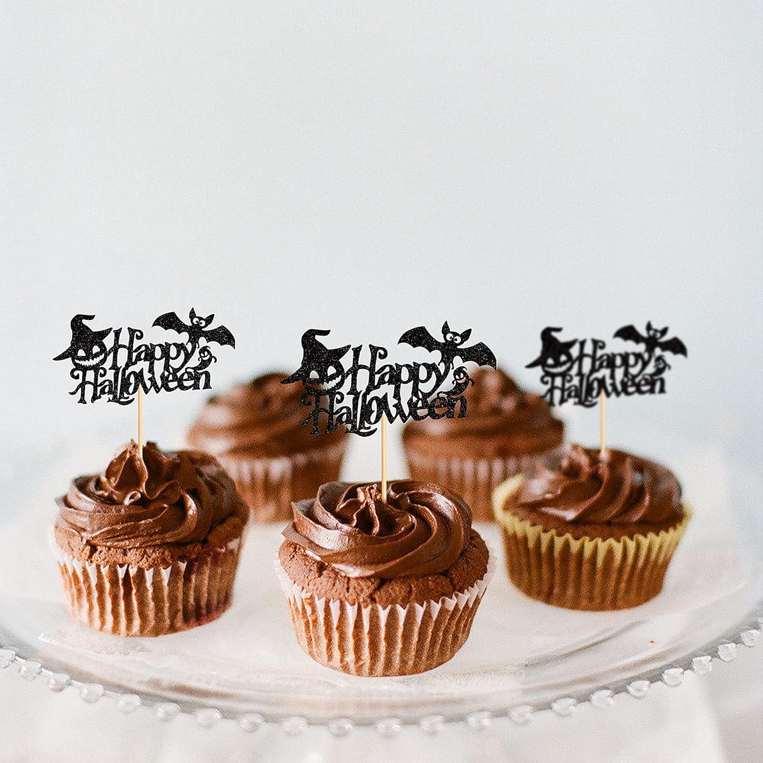 Ercadio Paquete de 24 adornos para cupcakes de Halloween con purpurina negra, murciélago, fantasma, calabaza, sombrero de Halloween para cupcakes,
