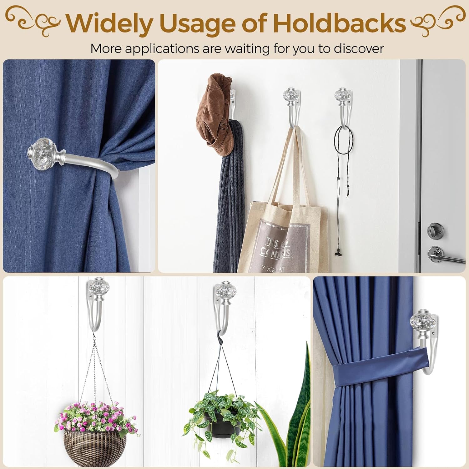 Paquete de 2 soportes plateados para cortinas, alzapaños decorativos para cortinas, ganchos para pared con remates translúcidos (6.1 pulgadas de