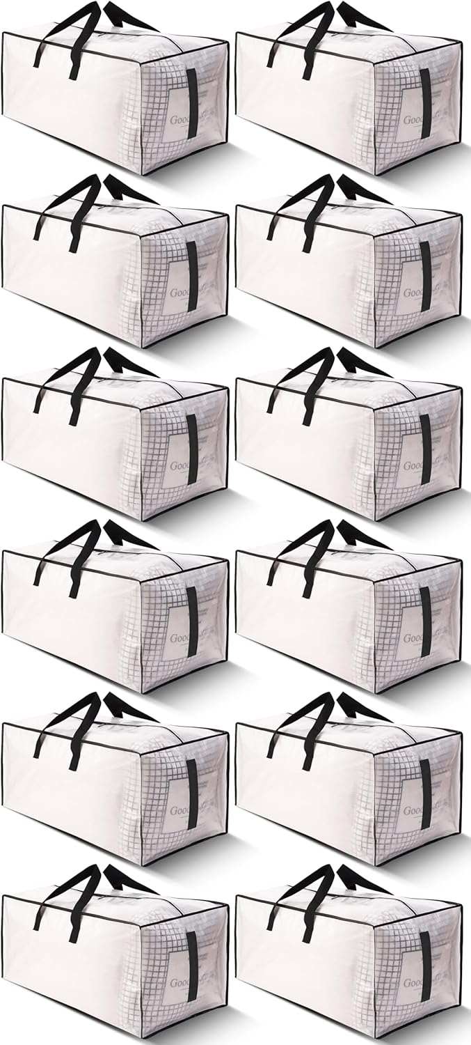 Paquete de 12 bolsas de mudanza grandes y fuertes con cremalleras y asas de transporte, resistente al agua, bolsa de almacenamiento resistente para