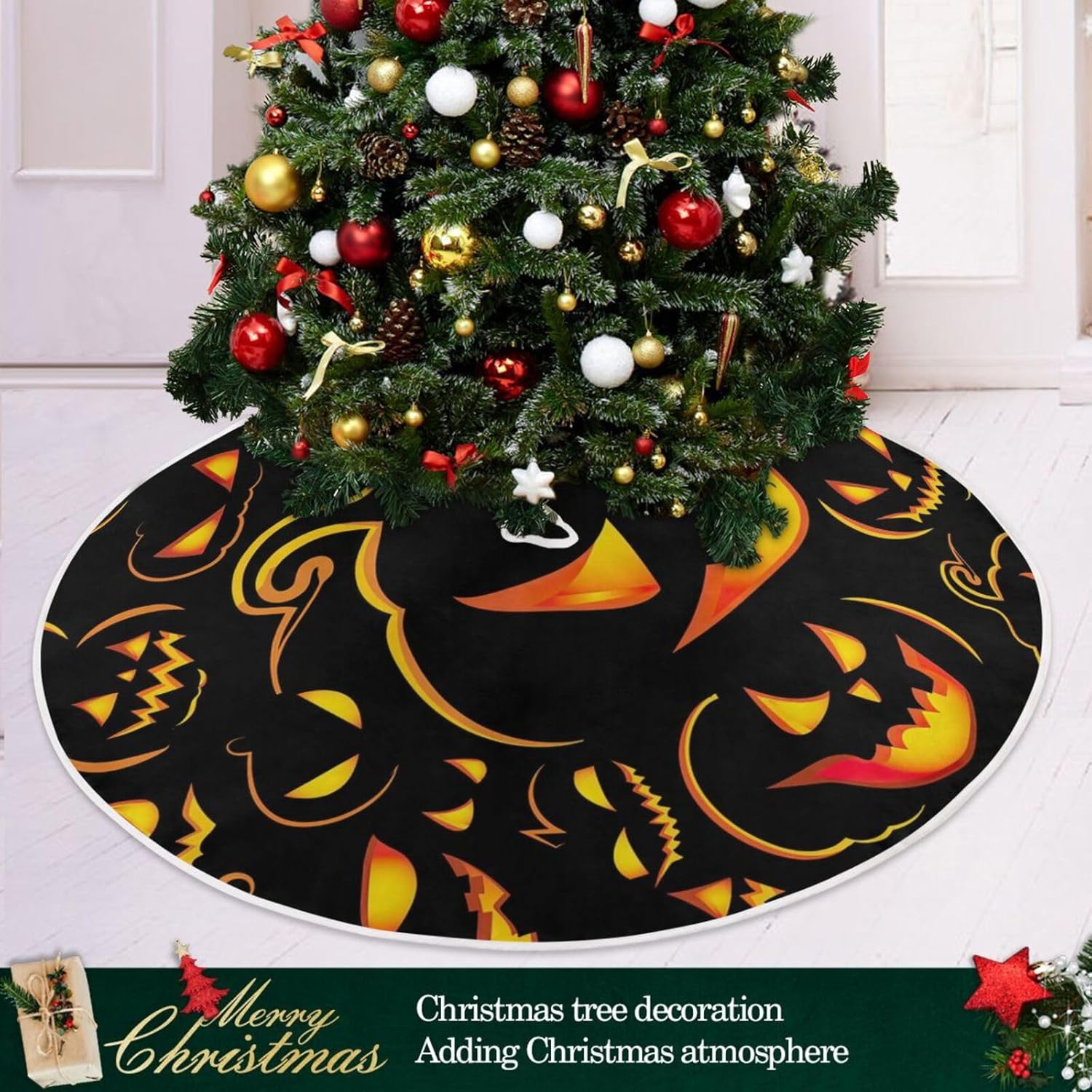 Falda de base de árbol de Navidad negra con patrón de calabaza, falda de árbol de Navidad, 47.2 pulgadas, decoración para árbol de Navidad,