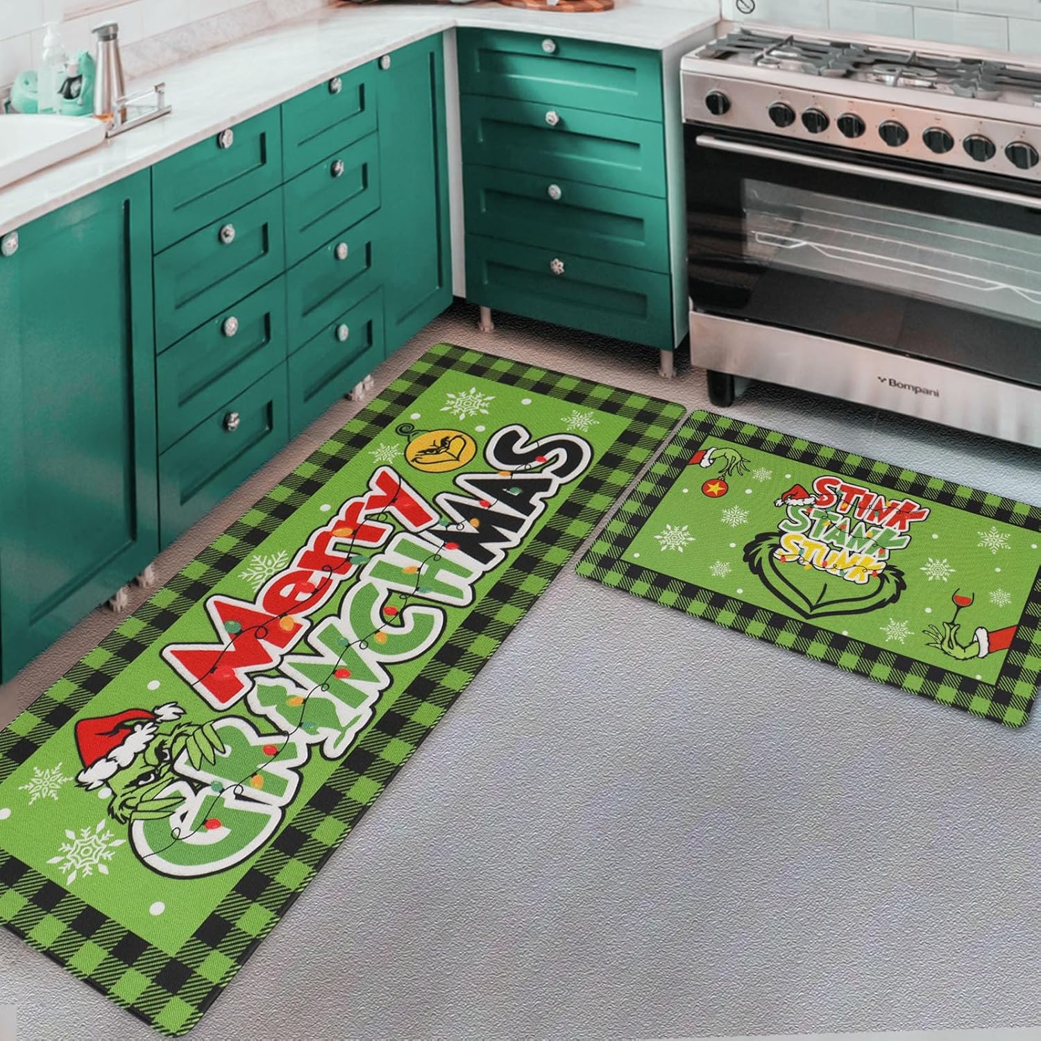 DIFKLMOX Juego de 2 tapetes de cocina con texto en inglés “Merry Christmas”, color rojo y verde, antideslizantes, absorbentes, tapetes de cocina