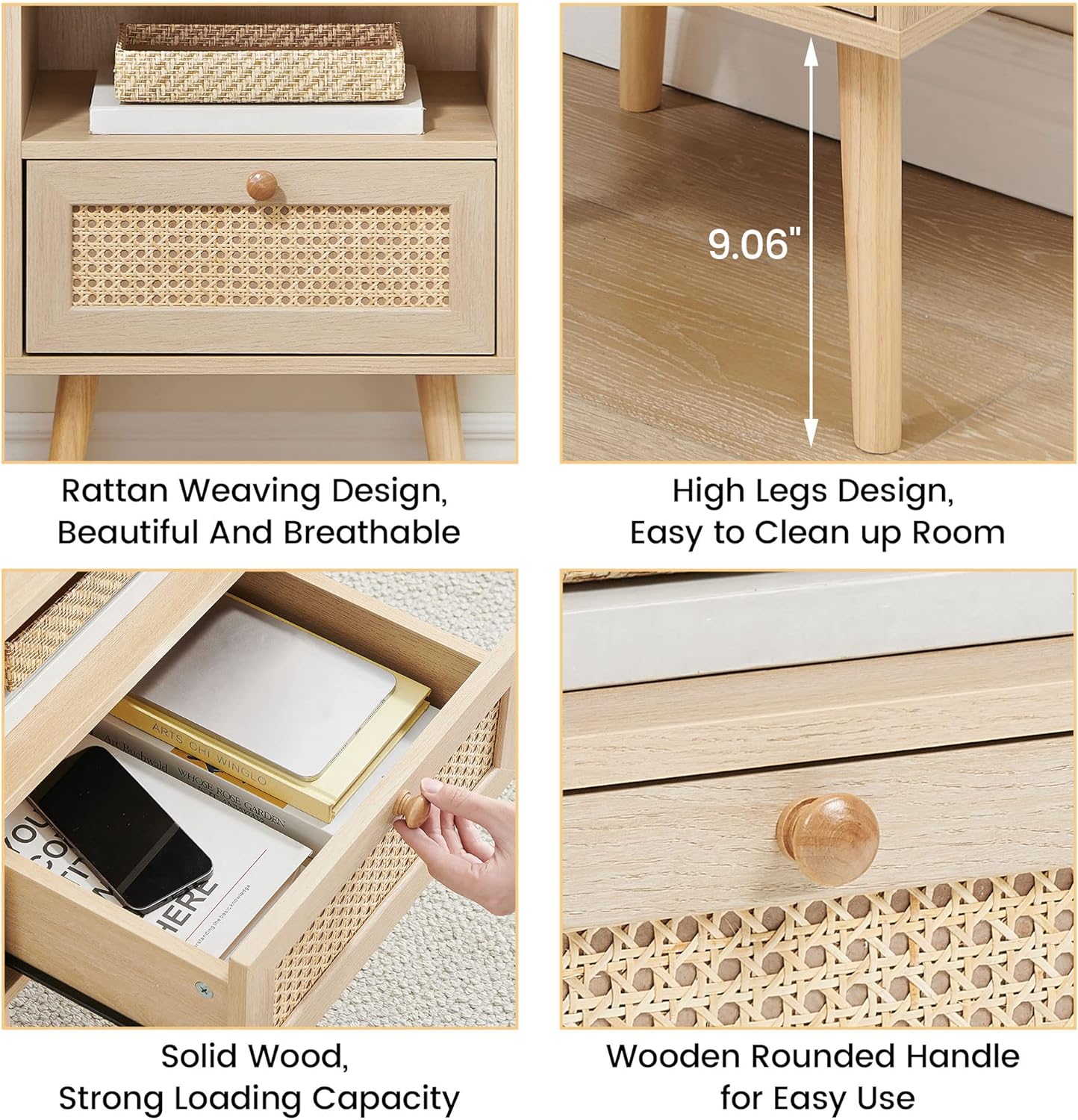 IDEALHOUSE Mesita de noche de ratán, mesa auxiliar con cajón, mesa auxiliar con estante de almacenamiento para dormitorio, sala de estar, dormitorio