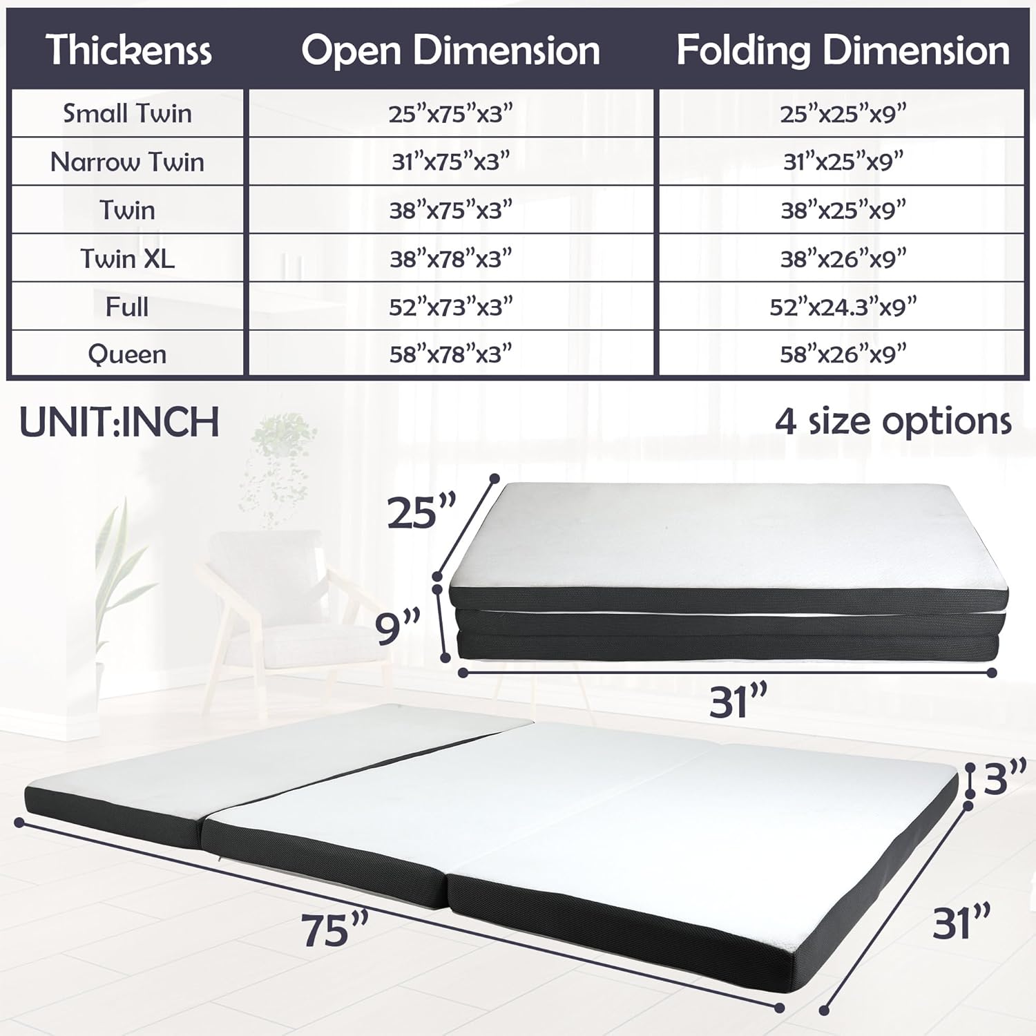 Colchón plegable de espuma viscoelástica tamaño individual, colchón triple de 3 pulgadas, colchón de piso individual con funda lavable, certificado