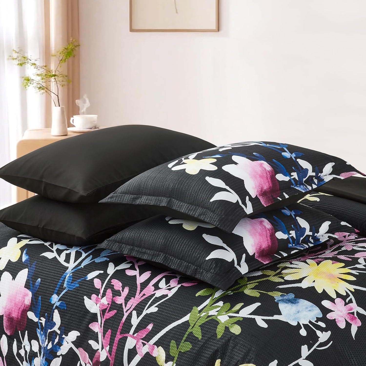 Menghomeus Juego de edredón de 7 piezas, color negro, tamaño King, diseño floral de sirsaca suave, juego de ropa de cama de microfibra para todas