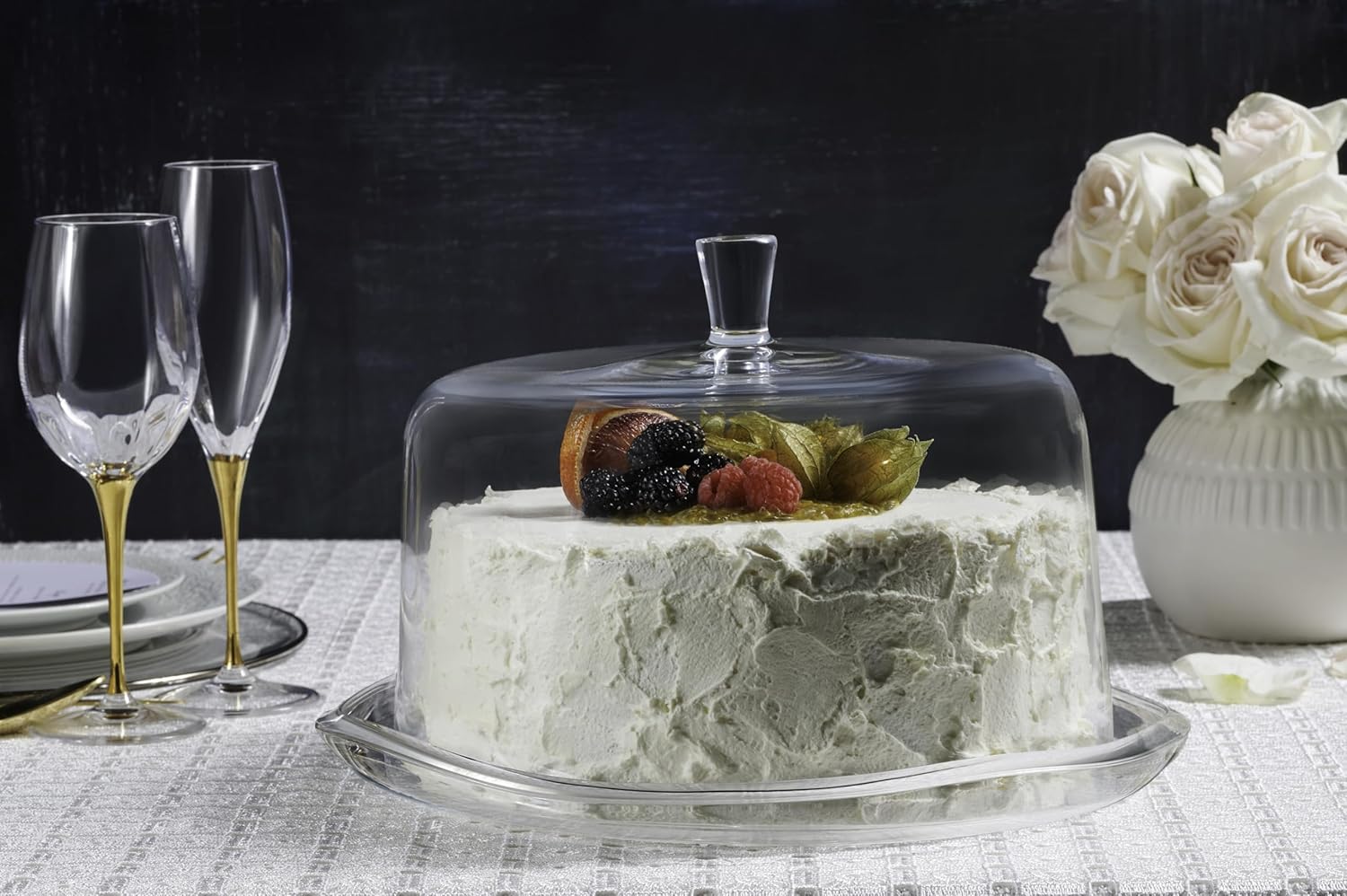Barski Plato para pastel con cúpula  Vidrio  Juego grande de 2 piezas  Plato para pastel con borde ondulado de 13.5 pulgadas de diámetro  Domo