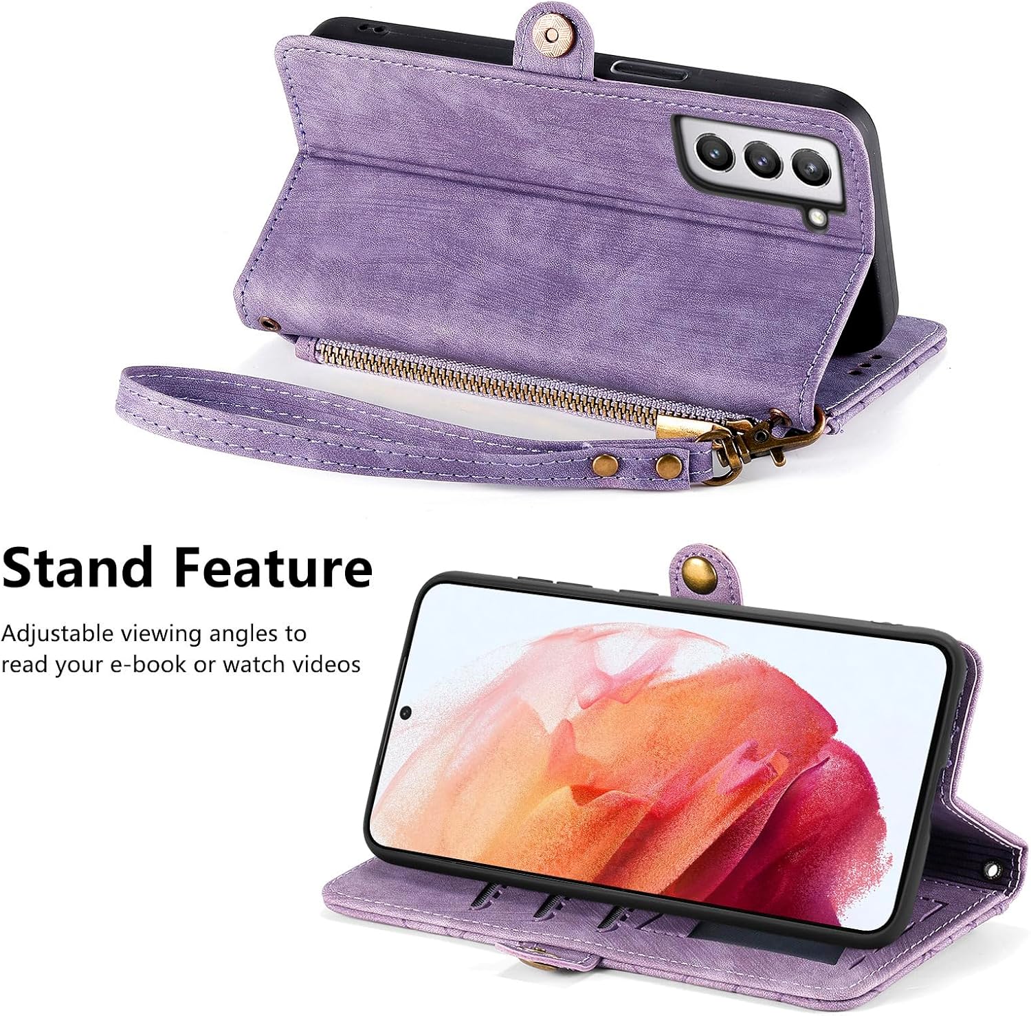 Asuwish Funda de teléfono para Samsung Galaxy S21 Plus S21+ 5G Funda tipo cartera con protector de pantalla de vidrio templado y cremallera