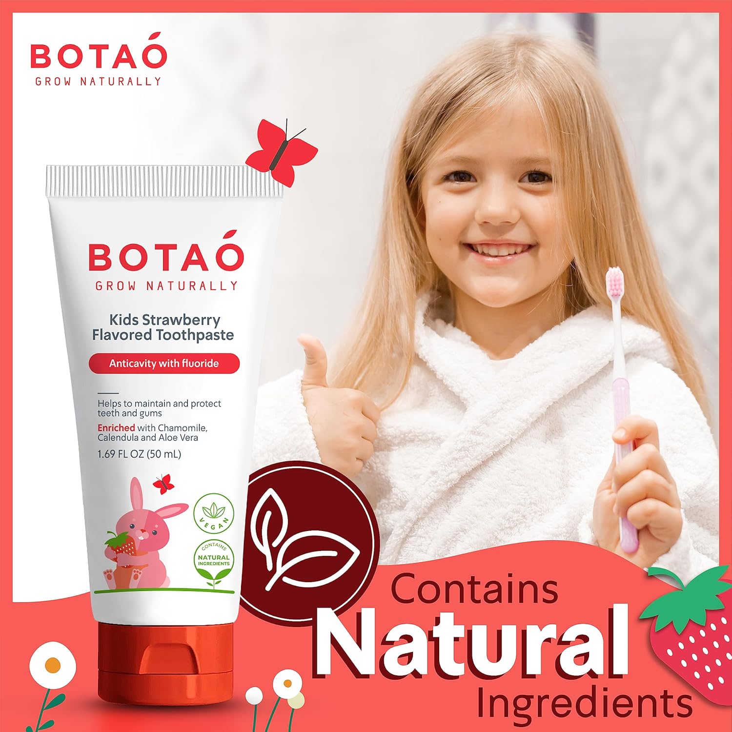 Pasta de dientes para niños, pasta dental anticaries con flúor natural con sabor a fresa, máxima protección de caries, verificada por EWG, vegana,