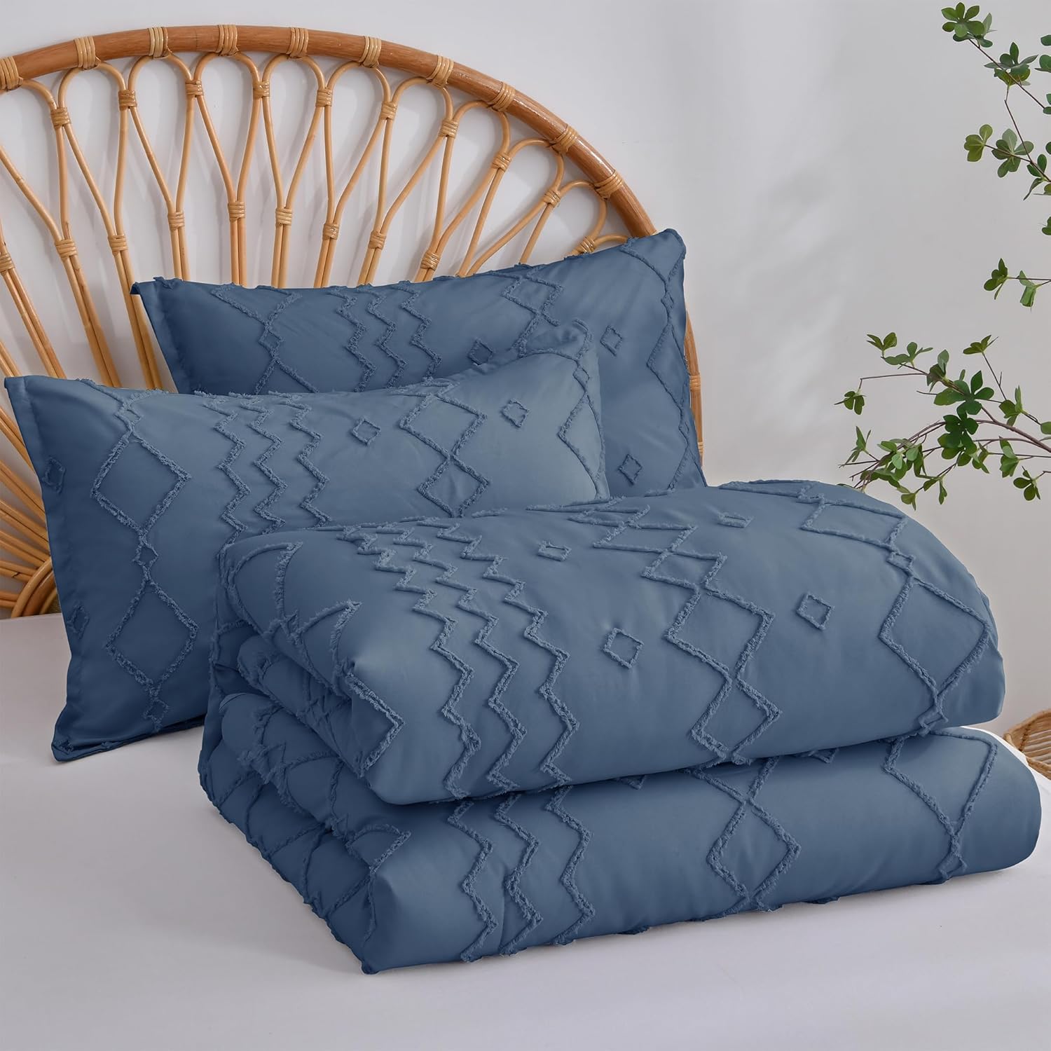 Shatex Juego de edredón Queen de 3 piezas, ultra suave y bohemio copetudo para todas las estaciones, edredón azul marino tamaño Queen (90 x 90