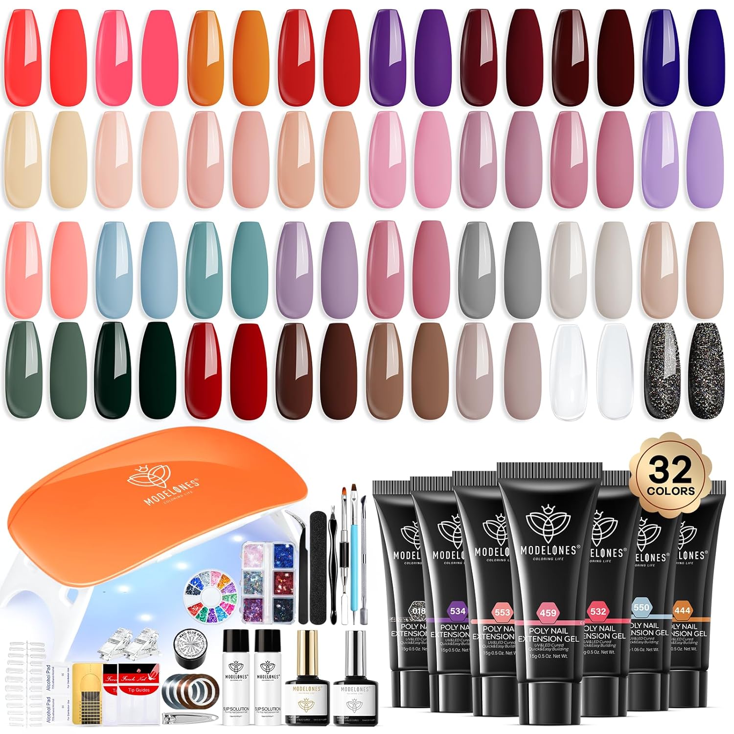 Modelones Kit de 133 piezas de gel de uñas de polietileno, kit de gel de extensión de 32 colores con base de lámpara de uñas y capa superior, kit de