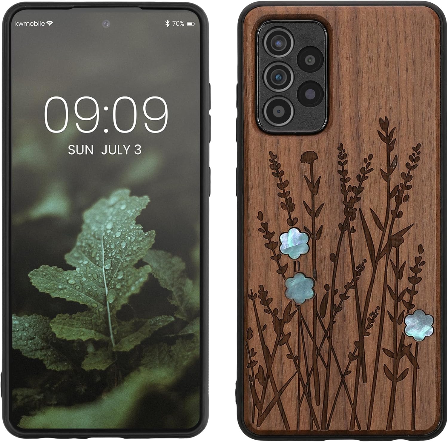 kwmobile Funda de madera compatible con Samsung Galaxy A52  A52 5G  A52s 5G – Funda – Funda – Flores silvestres perla marrón oscuro