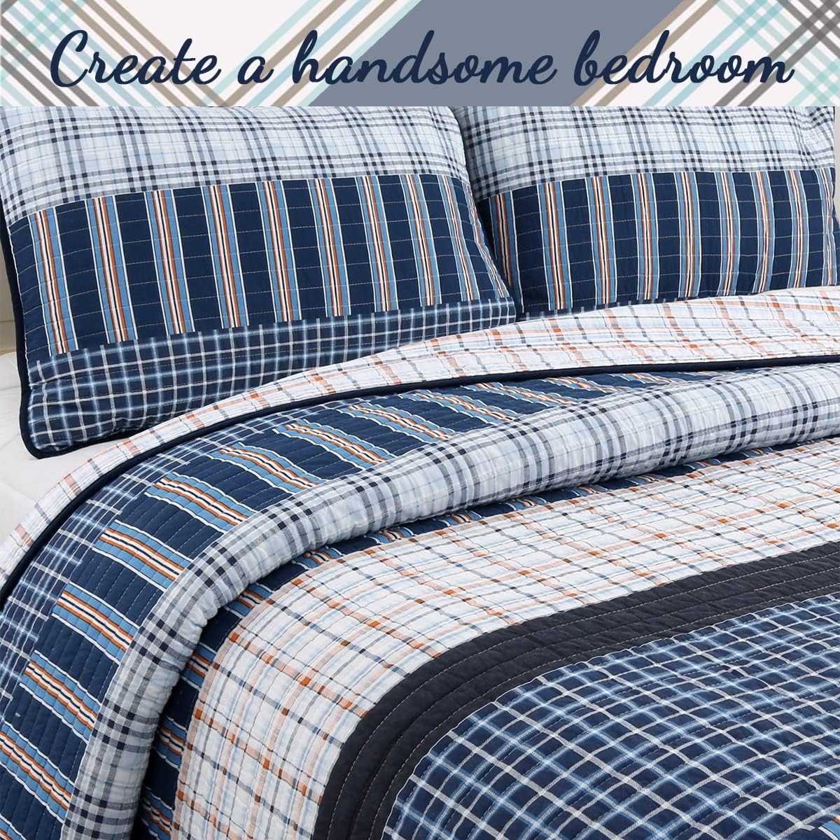 Cozy Line Home Fashions Juego de ropa de cama de 100 % algodón con estampado a rayas de cuadros azul marino y naranja a rayas, colcha reversible,