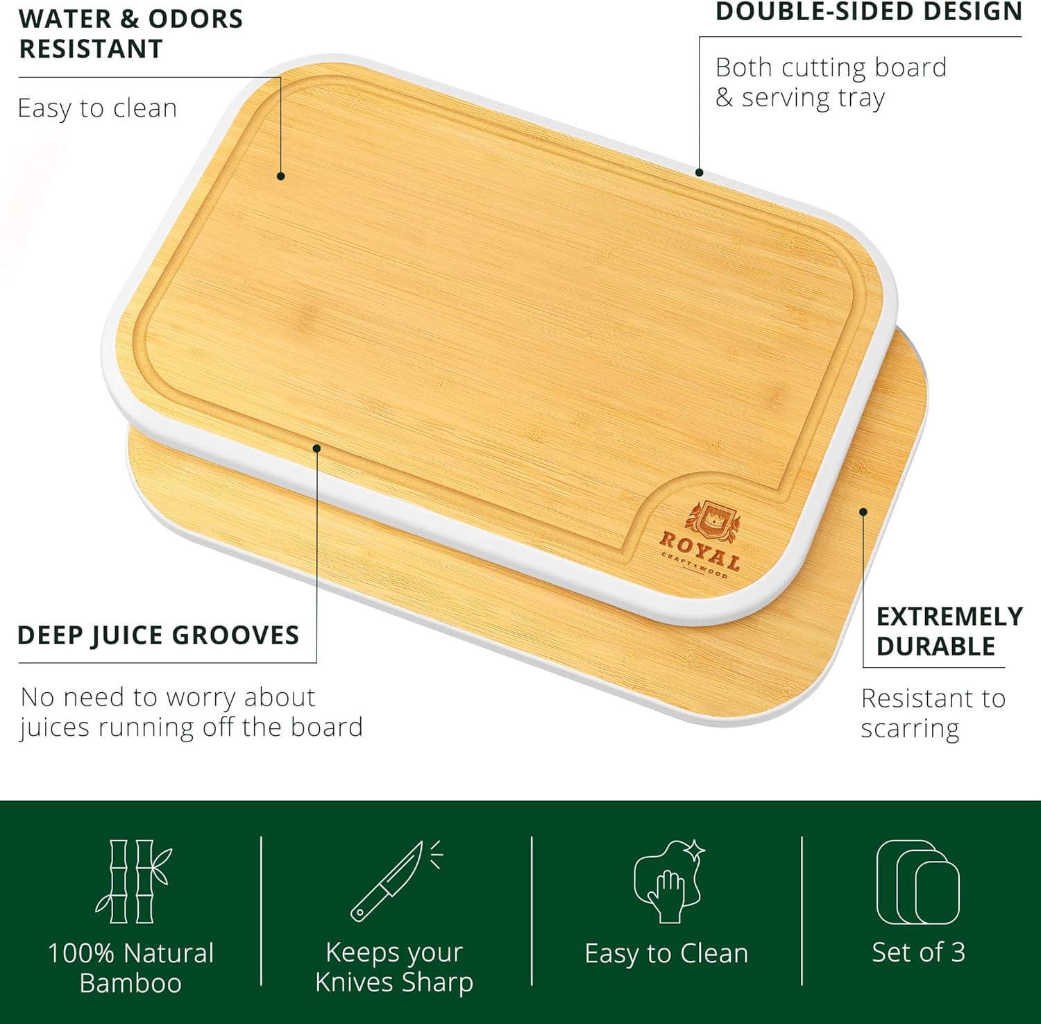 Juego de tablas para cortar de bambú para cocina con ranura de líquidos (3 piezas) para carne, queso y verduras, color blanco