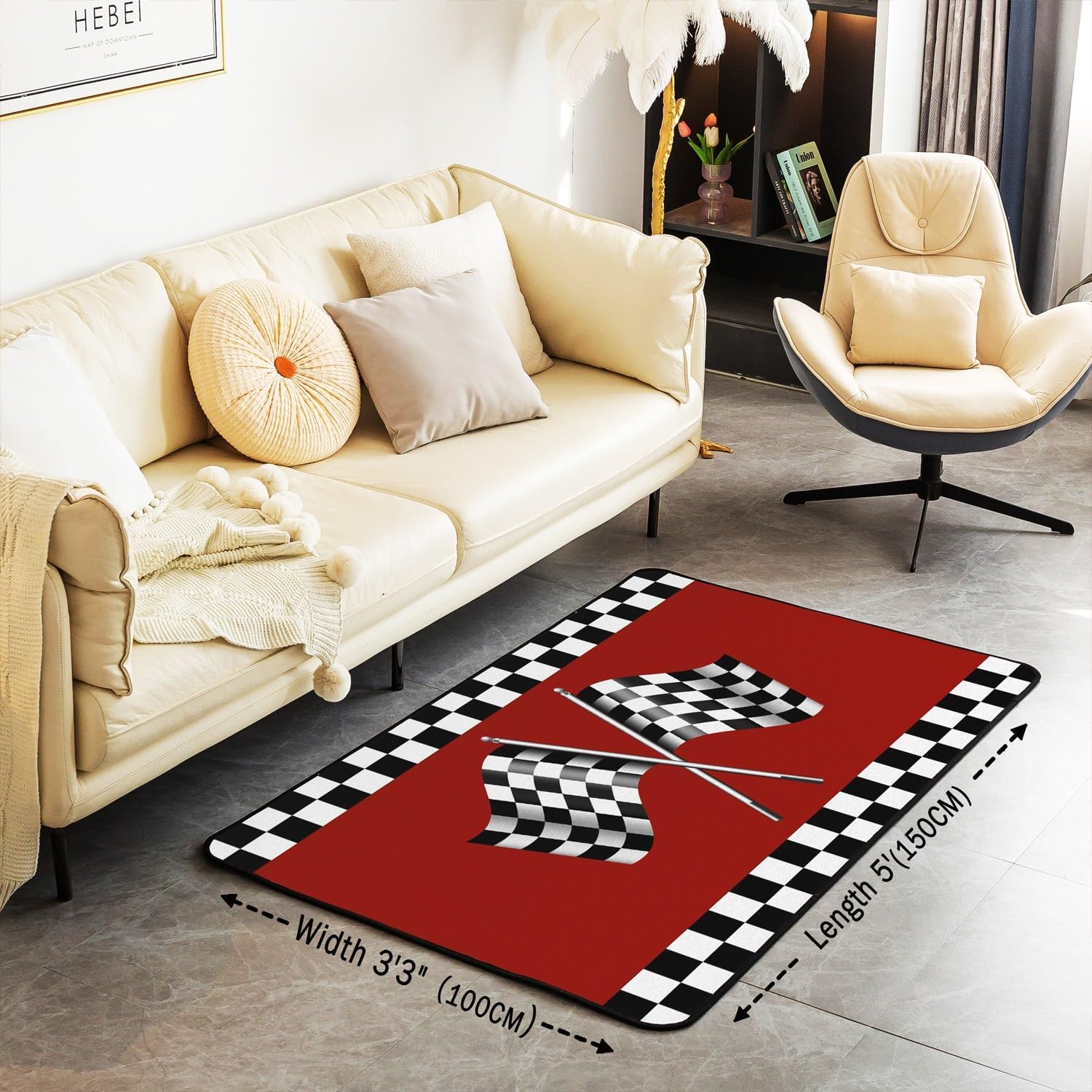 Alfombra con estampado de bandera a cuadros de 5 x 6 pies 6 pulgadas, alfombra temática de coche de carreras para decoración de mesita de noche,