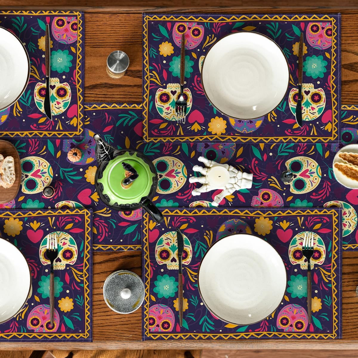 Artoid Mode Juego de 12 manteles individuales con diseño de caléndulas de acuarela con caléndulas y caléndulas del Día de los Muertos de 12 x 18