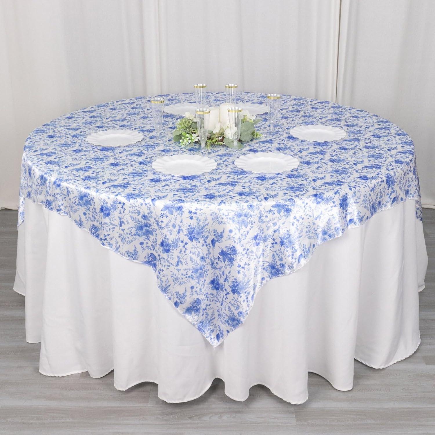 Efavormart – Mantel cuadrado de satén con estampado floral chinoiserie blanco y azul, 72 x 72 pulgadas