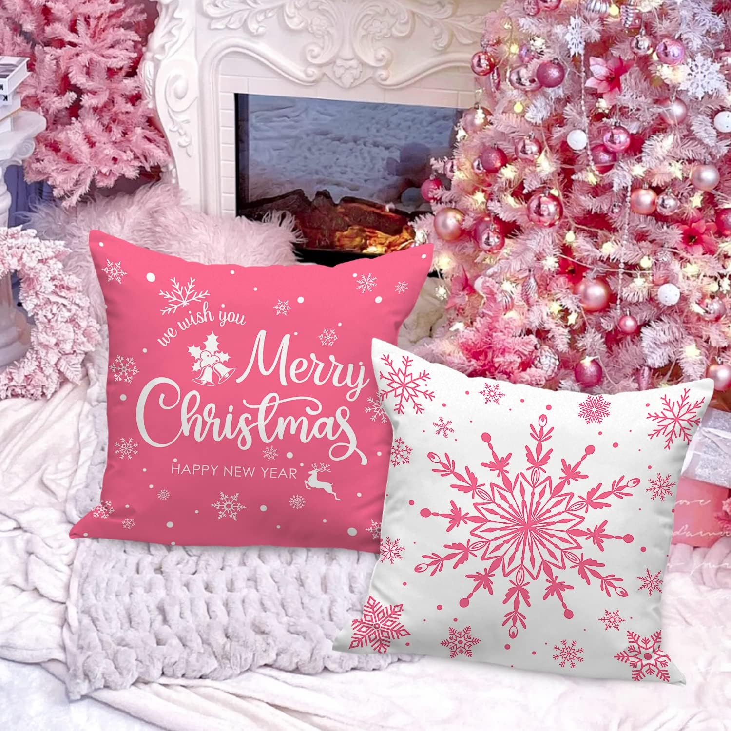 Lanpn Juego de 4 fundas de almohada de Navidad blancas y rosas de 18 x 18 pulgadas, fundas de cojín decorativas de Navidad de 18 pulgadas, fundas de
