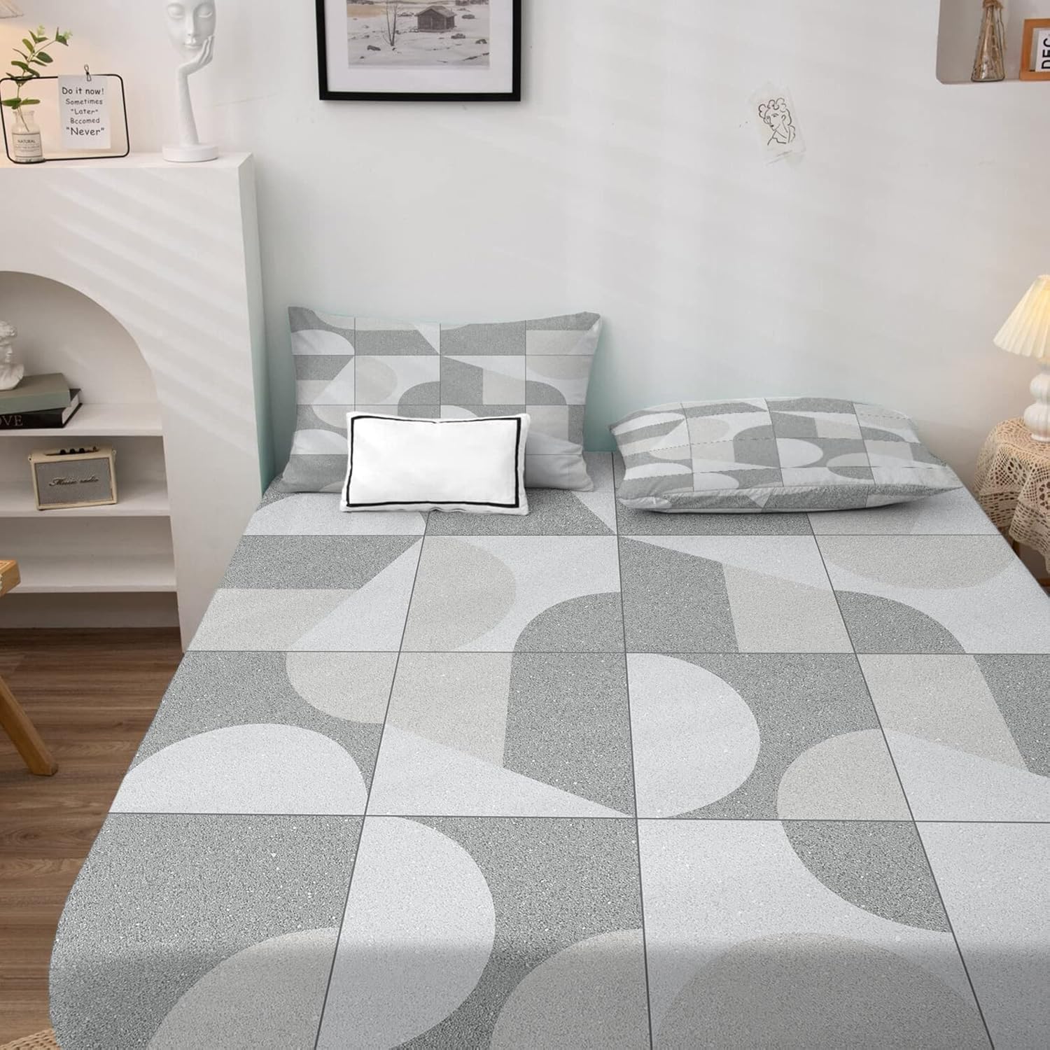 Sábanas geométricas tamaño Queen, sábanas y fundas de almohada con patrón abstracto moderno, bolsillo profundo de 16 pulgadas, juego de sábanas