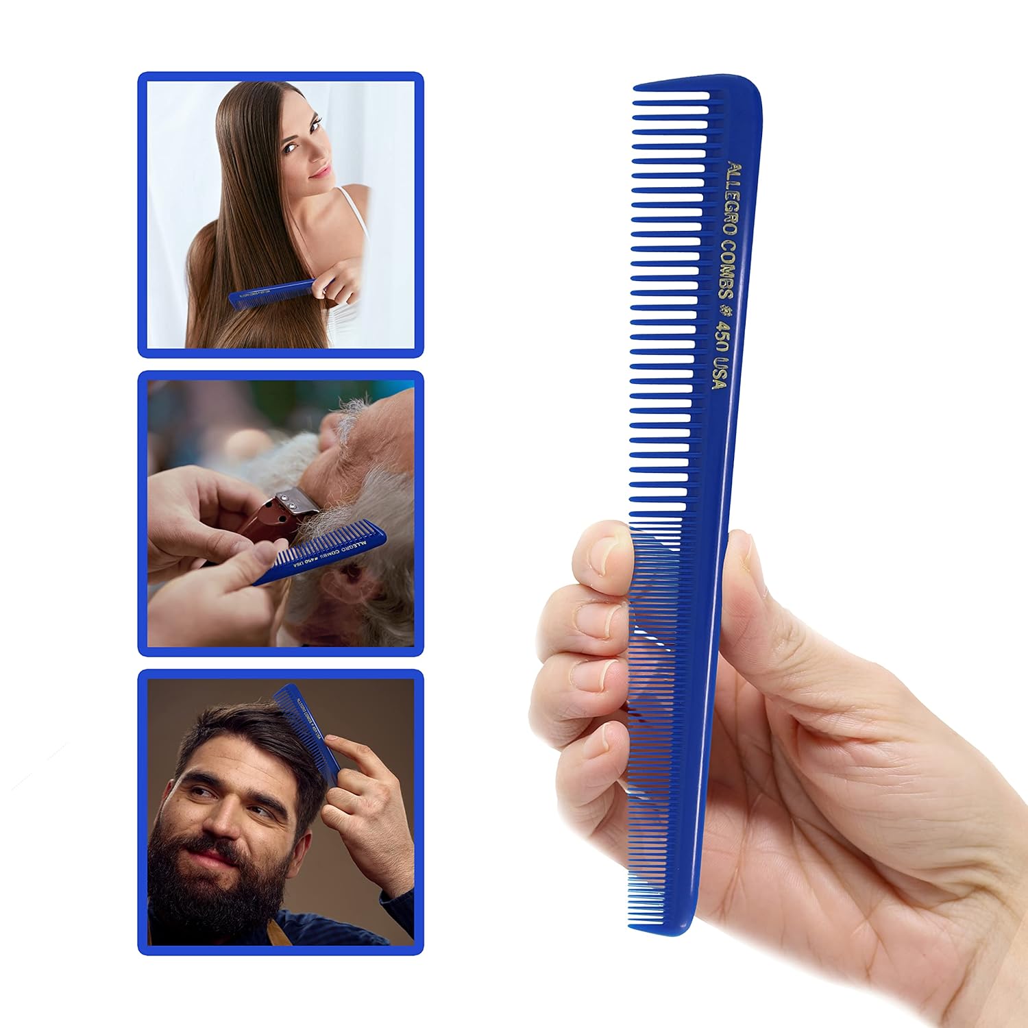 Allegro Combs Juego de corte de pelo #420 y #450 Peines de peluquero para estilistas cónicos – 24 peines azules