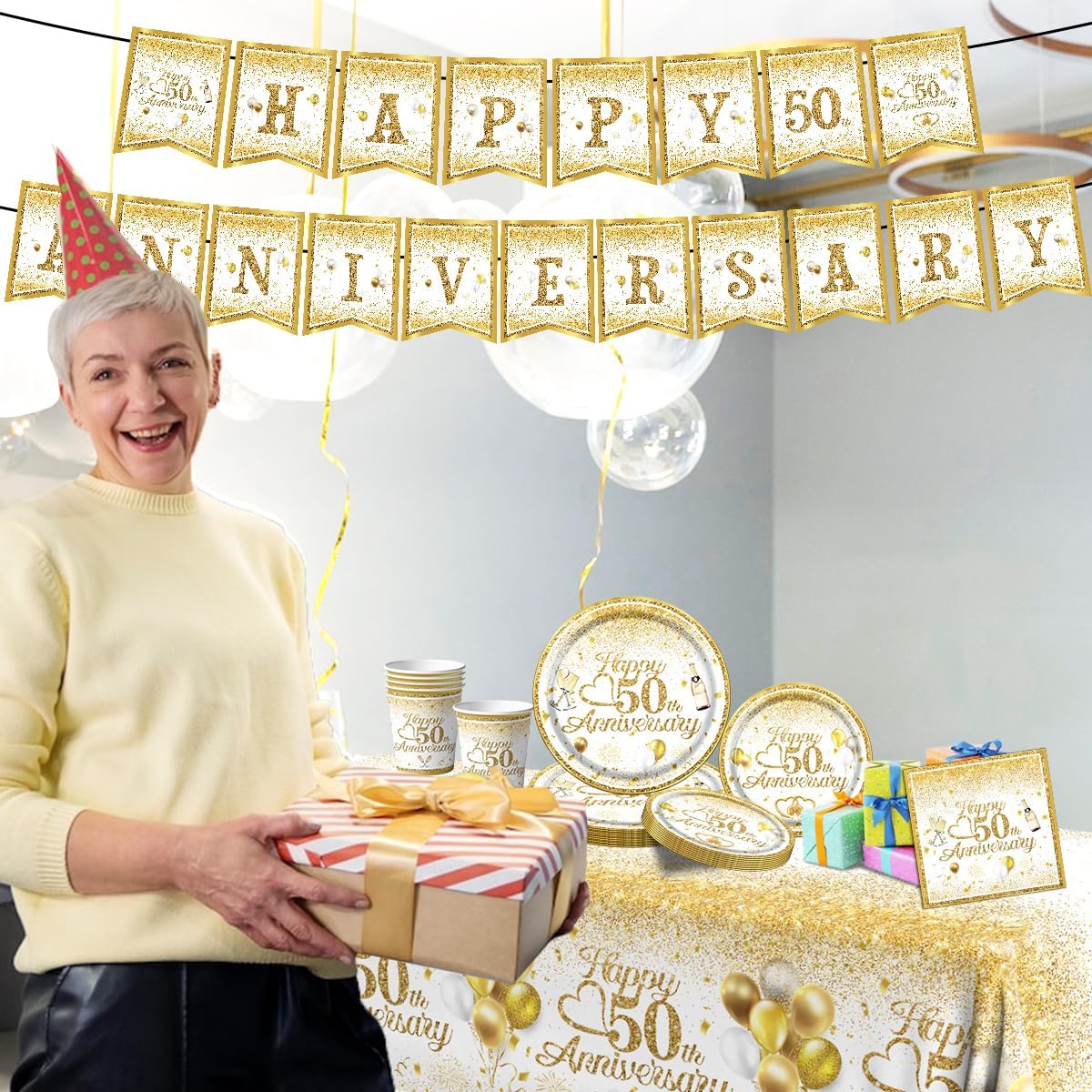 Dydamud Decoraciones de aniversario de boda, el juego de vajilla de feliz aniversario del 50 aniversario incluye platos y servilletas con purpurina