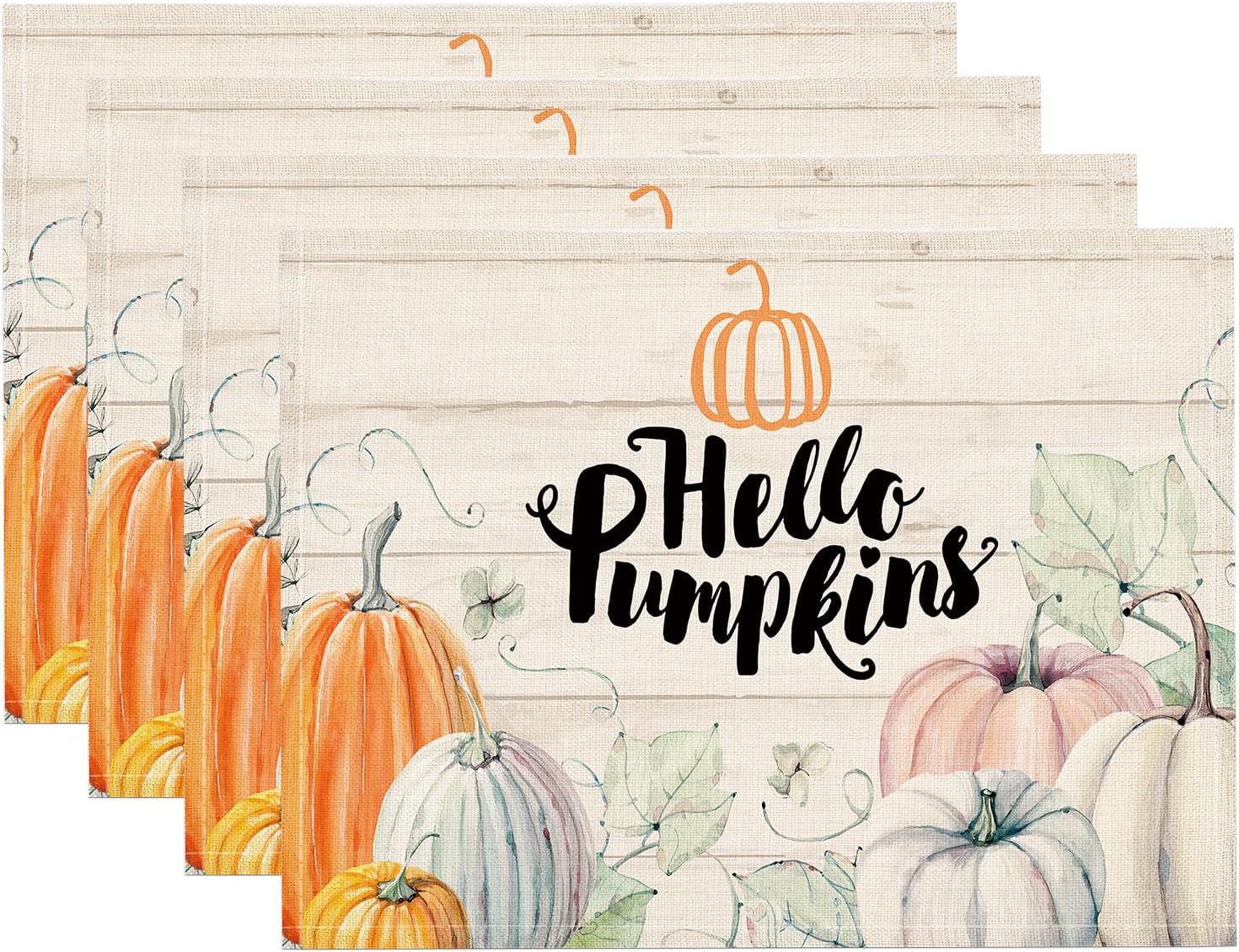 Juego de 4 manteles individuales de otoño, Hello Pumpkins, de 12 x 18 pulgadas, para decoración de fiestas, cocina, comedor