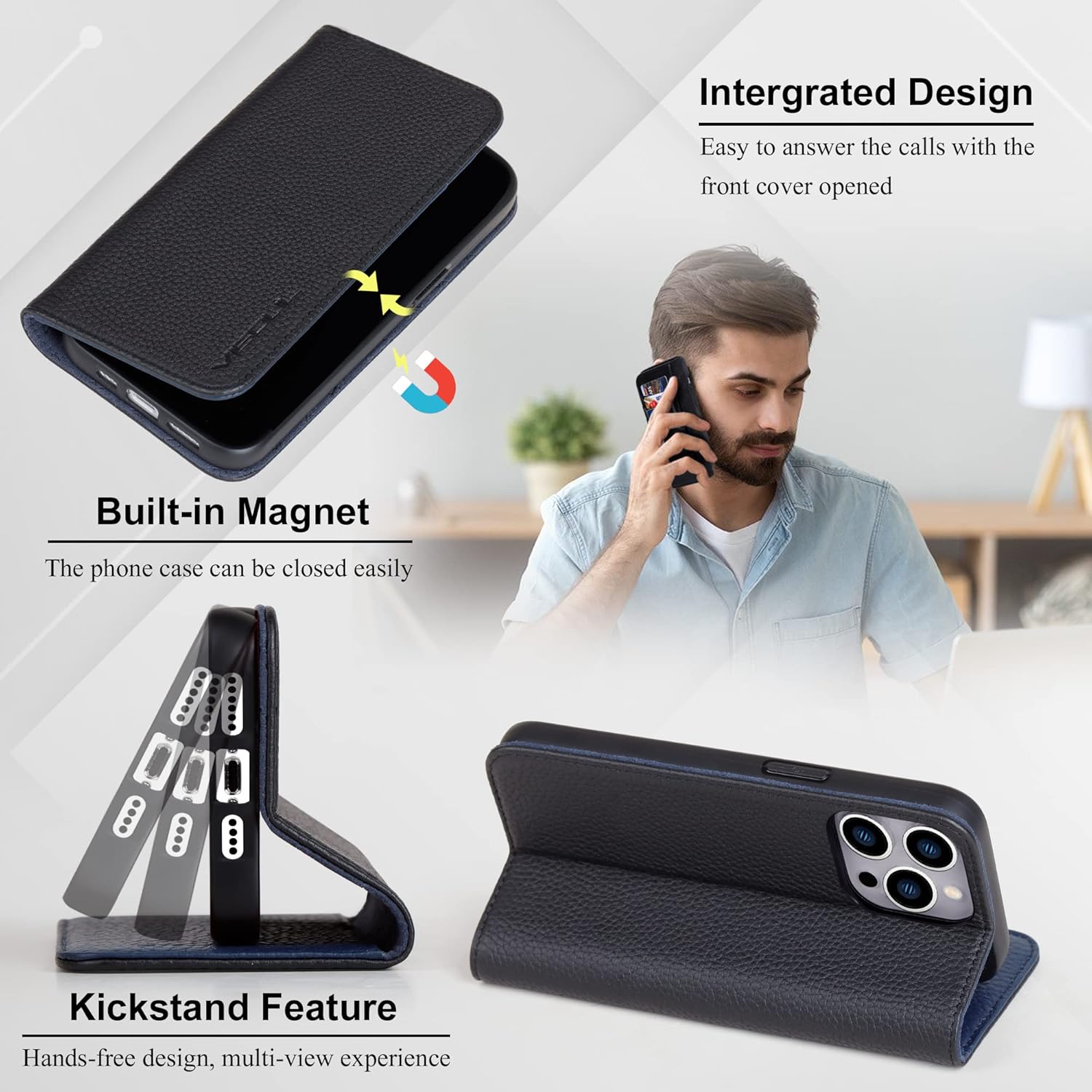 VISOUL Pebbled – Funda de piel auténtica para iPhone 15 Pro Max, funda tipo cartera con MagSafe y soporte para tarjetas, funda magnética con función