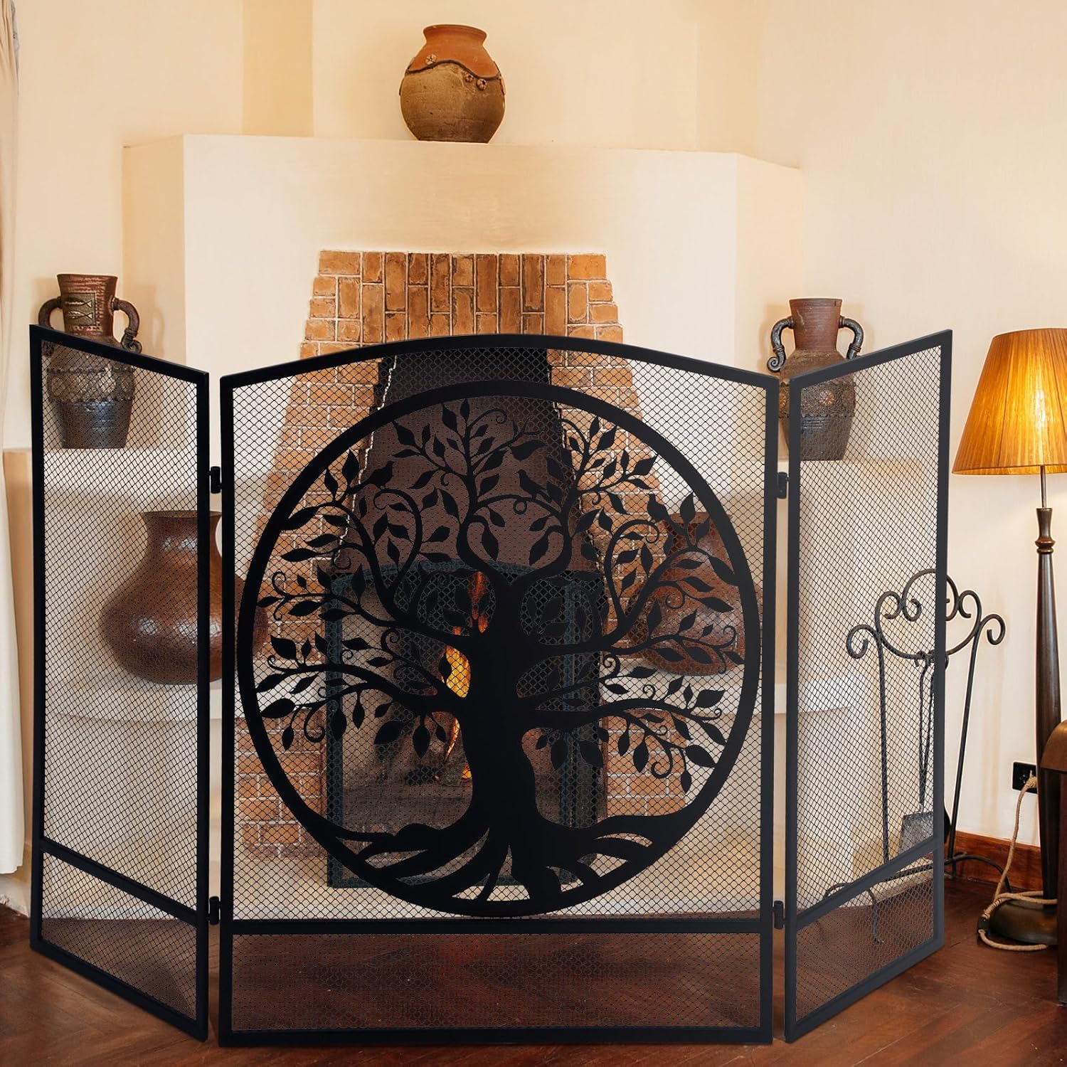 Pantalla para chimenea de cabina, malla de acero, cubierta de protección contra chispas, puerta de chimenea rústica de 3 paneles, chimenea plegable