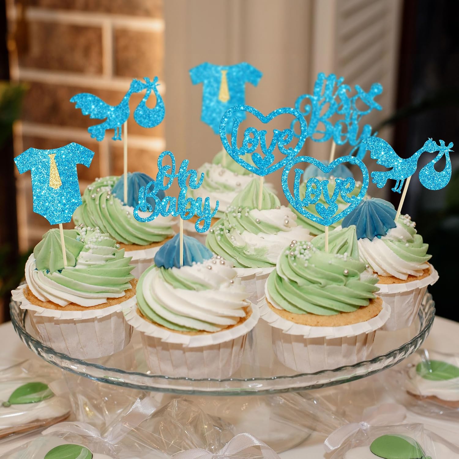Gyufise 30 piezas de decoración de cupcakes para baby shower, con purpurina, diseño de corazón de amor, Oh Baby Cupcake Picks It’s a Boy, decoración