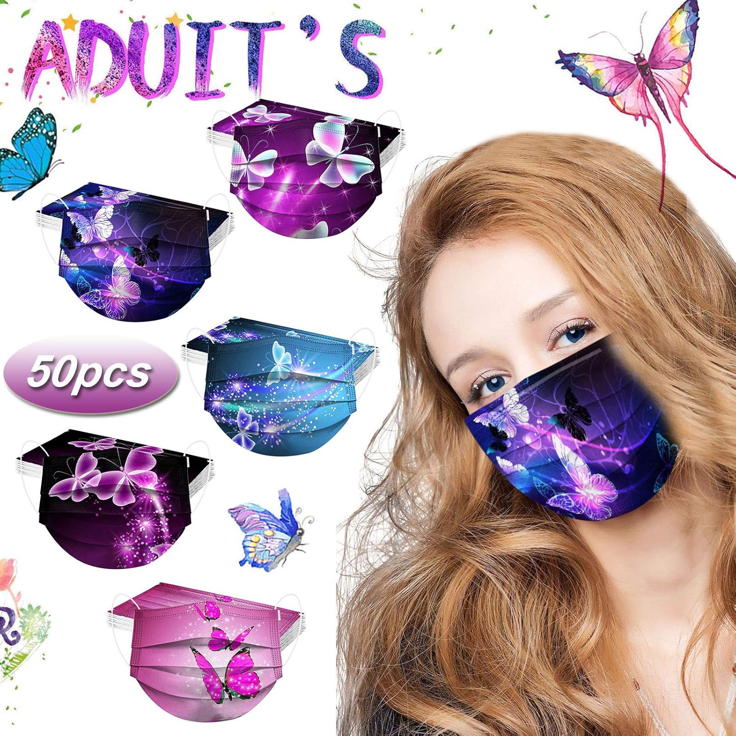 Rowa Paquete de 50 mascarillas desechables de mariposa para adultos con diseño, 3 capas protectoras transpirables para mujeres y hombres con alambre