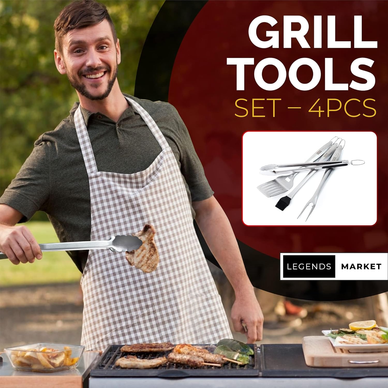 Juego de herramientas para barbacoa con pinzas, espátula, tenedores, cepillo, kit de parrilla de acero inoxidable para parrilla, accesorios